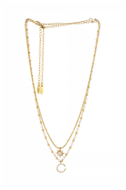 Interstellar Pearl and Crystal Layered 18k Gold Plated Necklace Set on white background