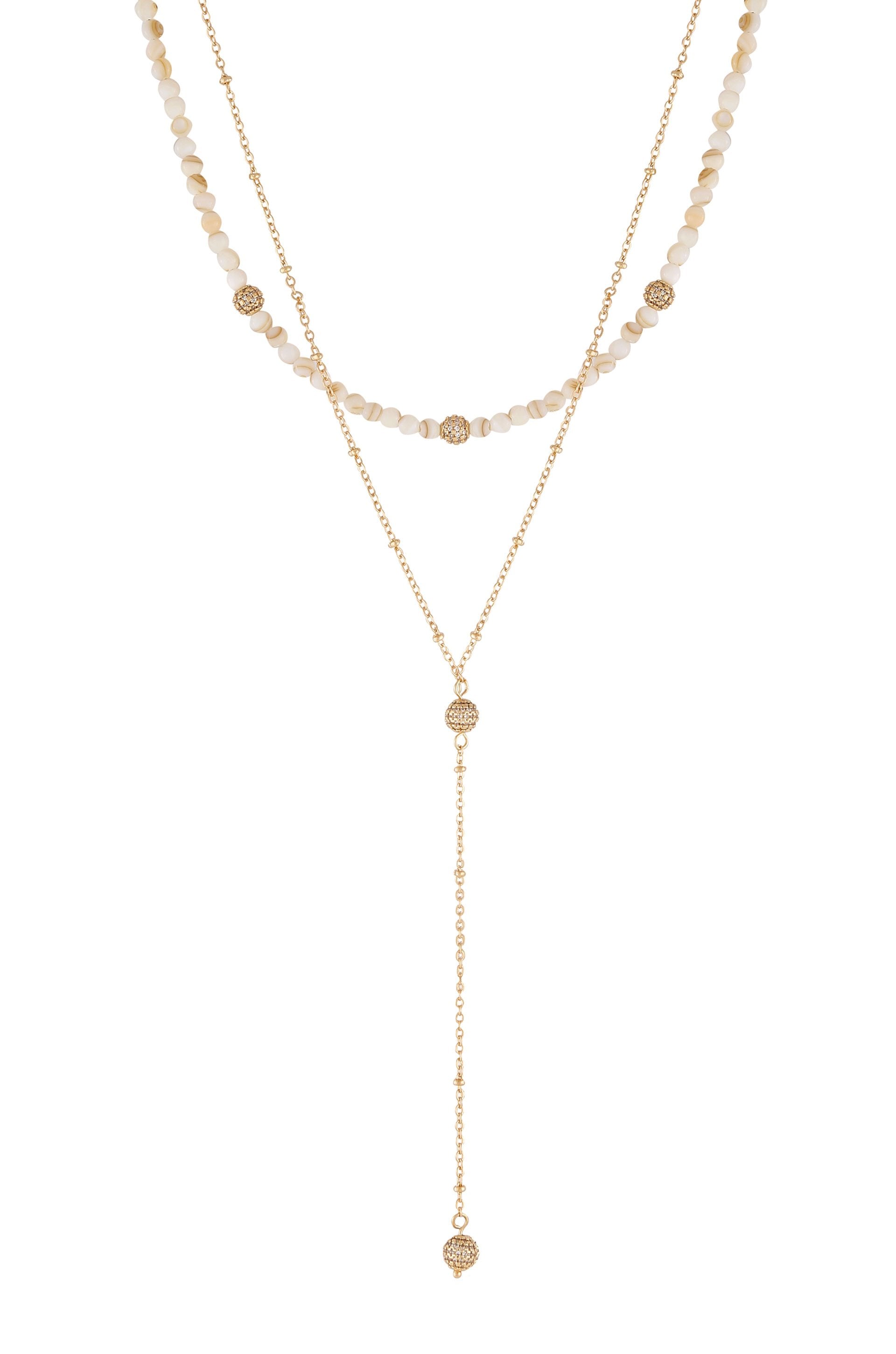 Shell Bead and Crystal Lariat 18k Gold Plated Necklace Set on white background  2