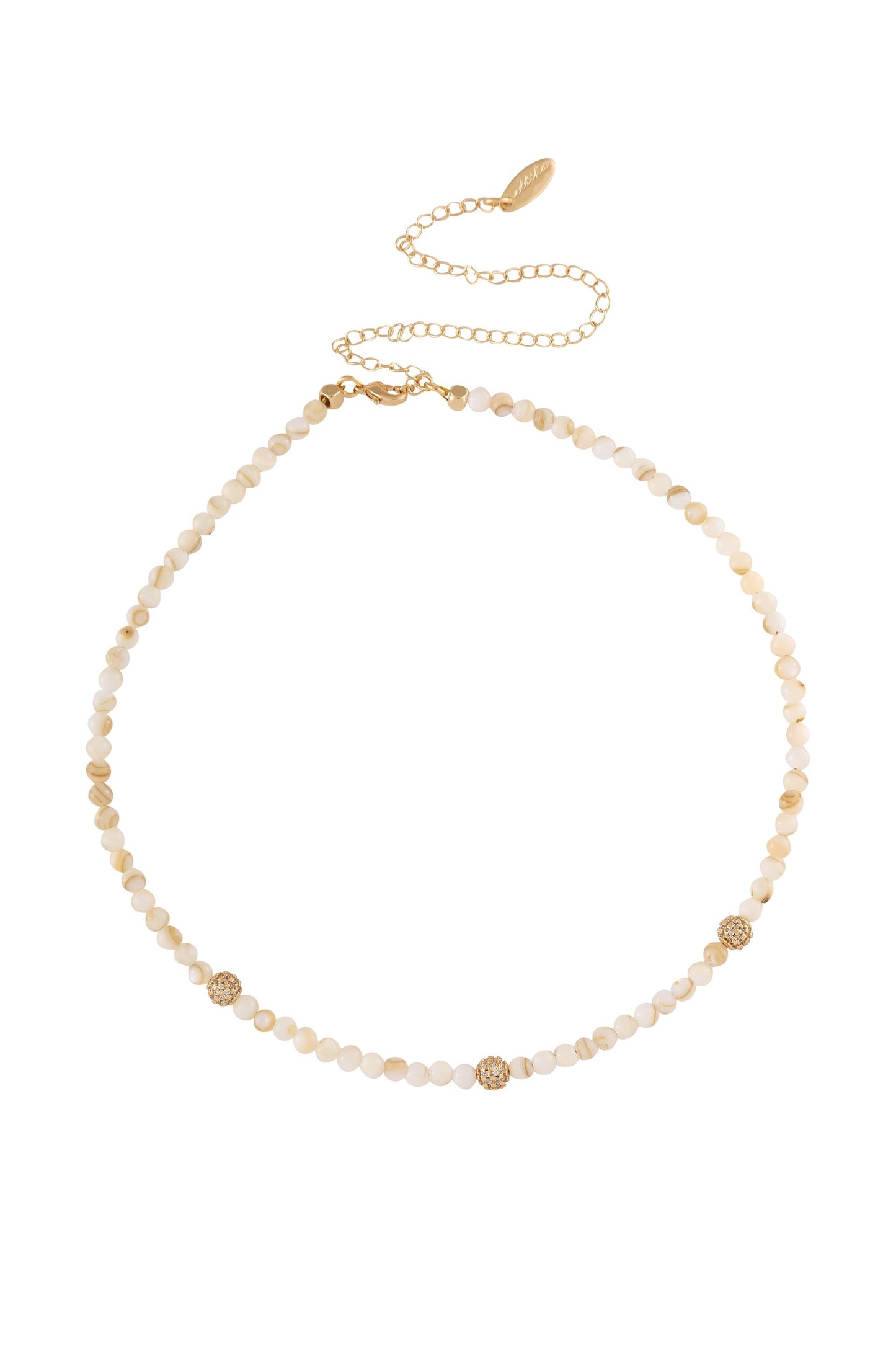 Shell Bead and Crystal Lariat 18k Gold Plated Necklace Set on white background  4