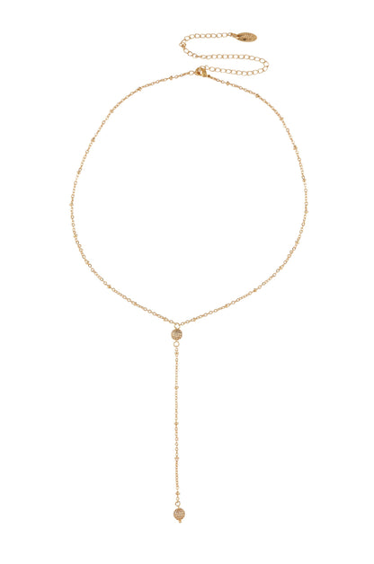 Shell Bead and Crystal Lariat 18k Gold Plated Necklace Set on white background  3