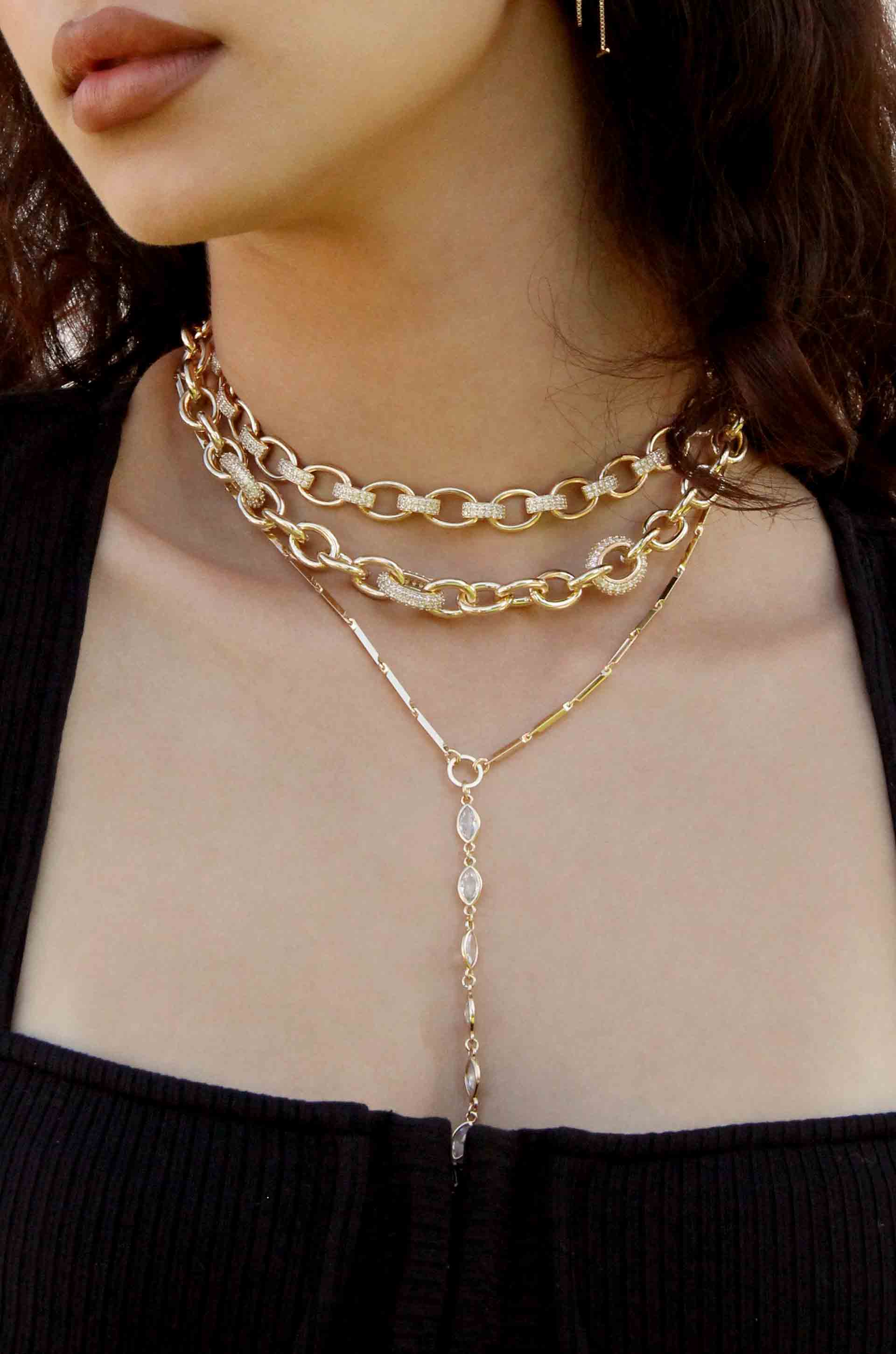 Empowered Crystal & 18k Gold Plated Chain Link Necklace shown on a model  