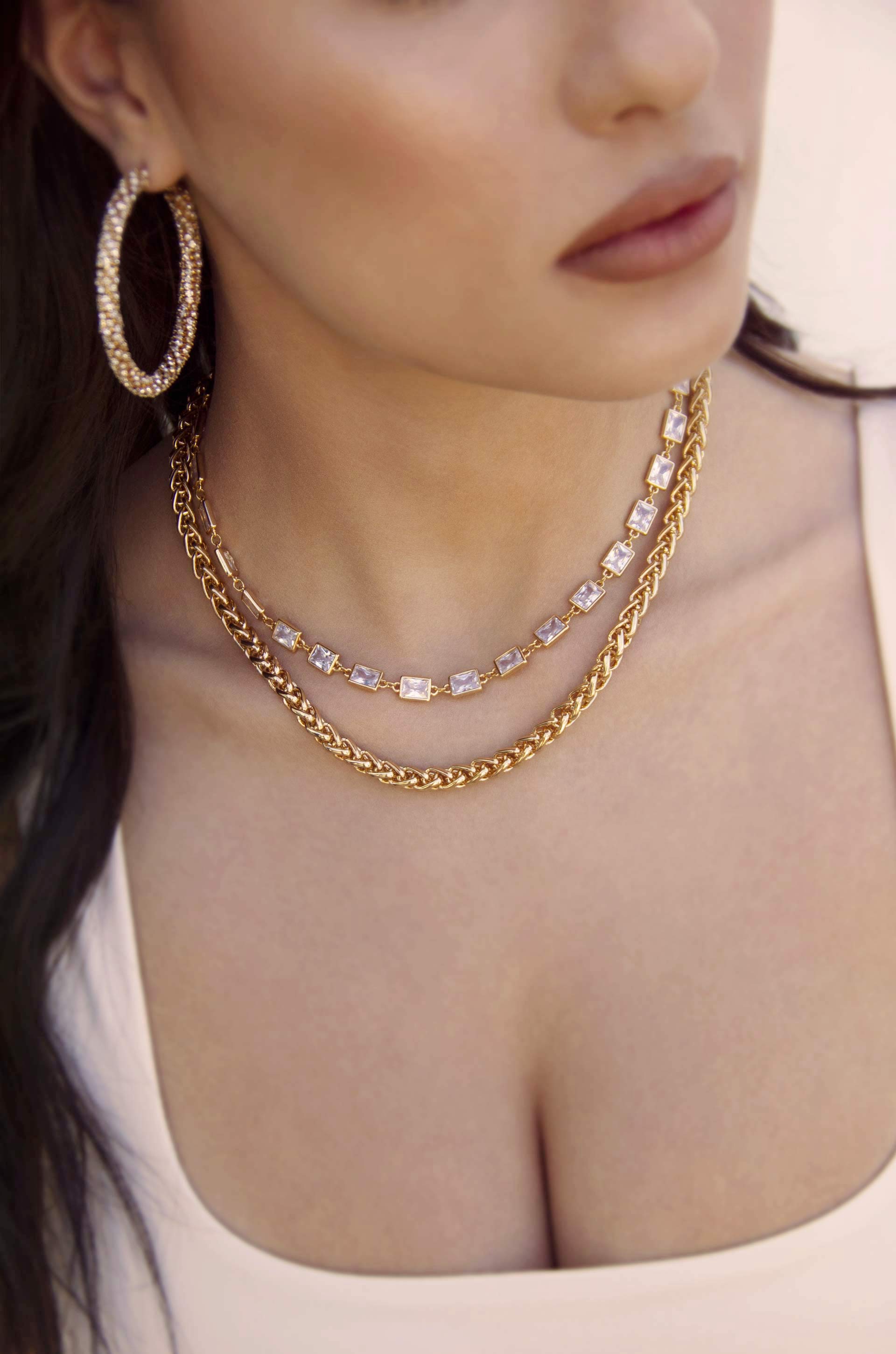 Double The Trouble Crystal & 18k Gold Plated Chain Necklace Set on model