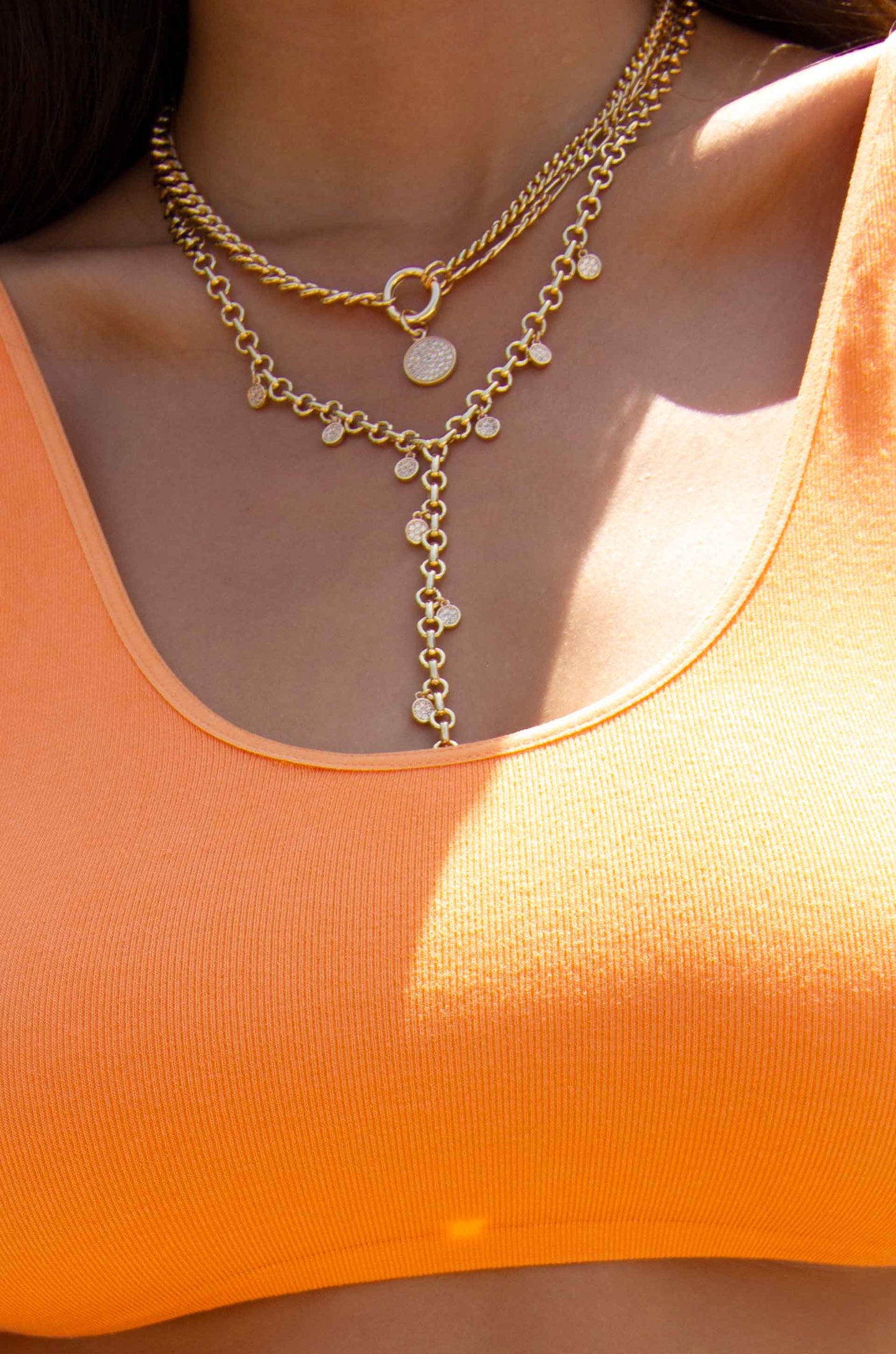 Three Chains 18k Gold Plated Necklace on model