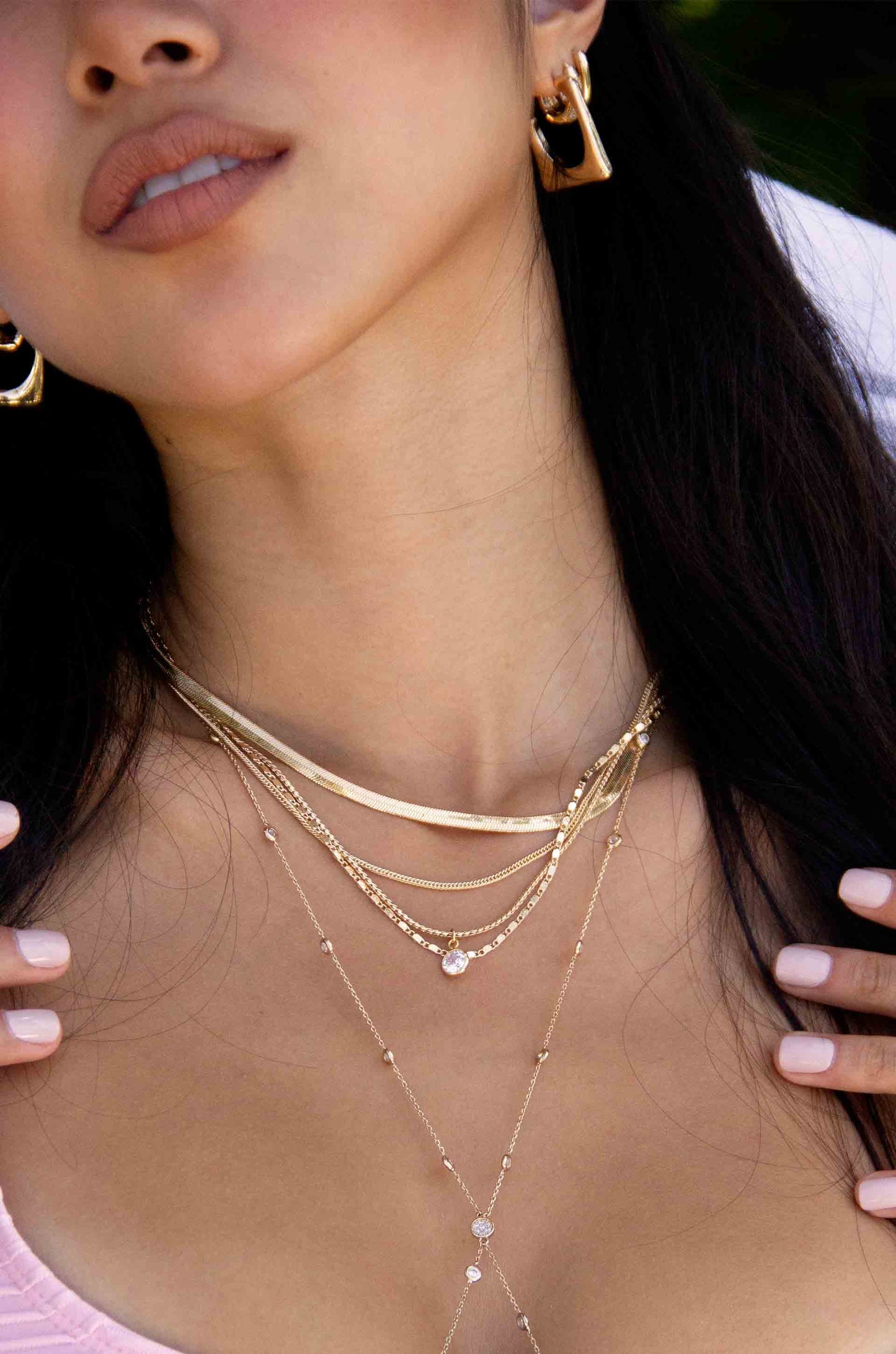 All the Chains 18k Gold Plated Layered Necklace on a model