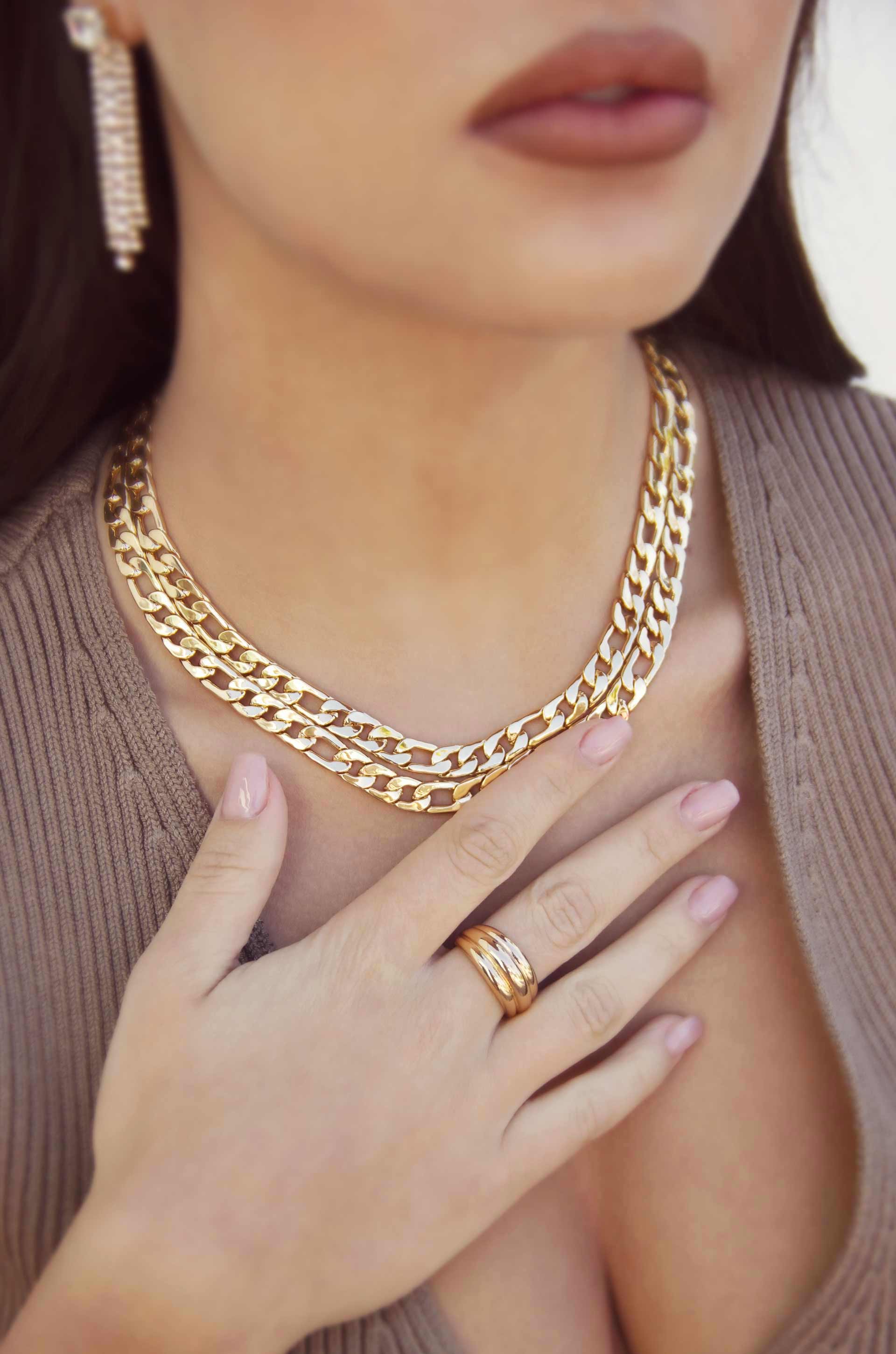 Double Linked 18k Gold Plated Chain Necklace on model