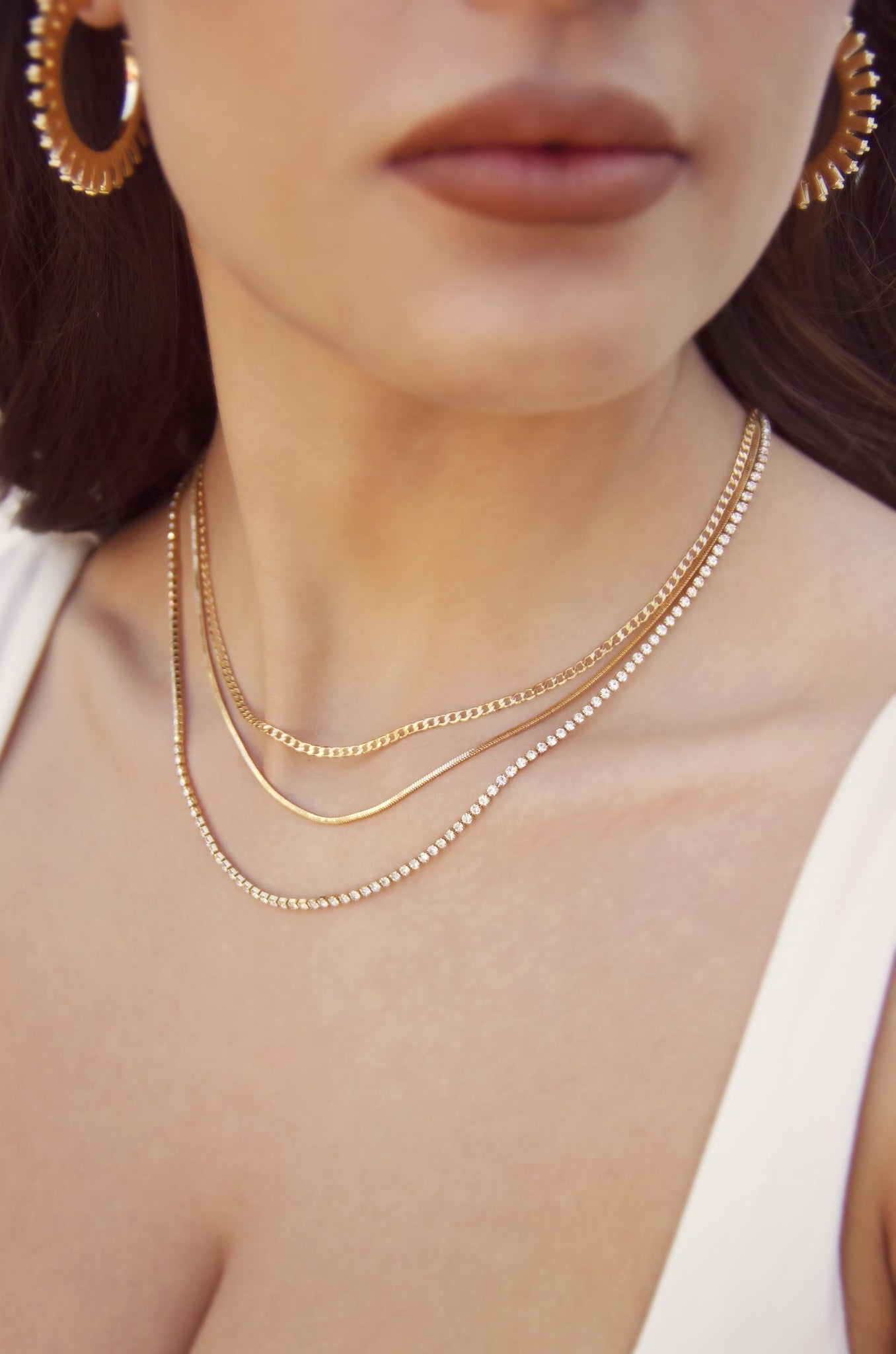 Minimal Layers Crystal and 18k Gold Plated Necklace on model