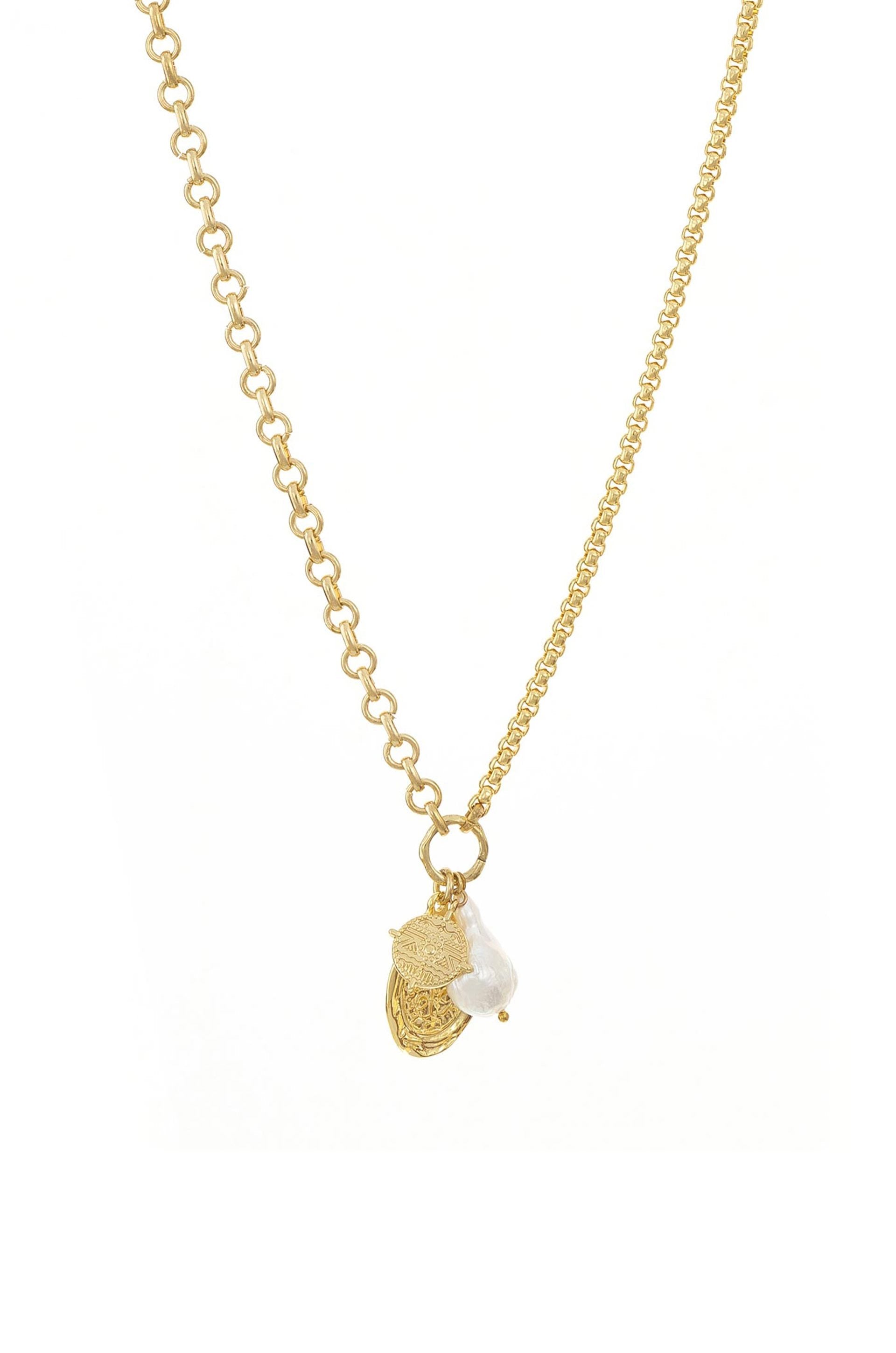 Freshwater Pearl Treasures 18k Gold Plated Charm Necklace on white bakcground