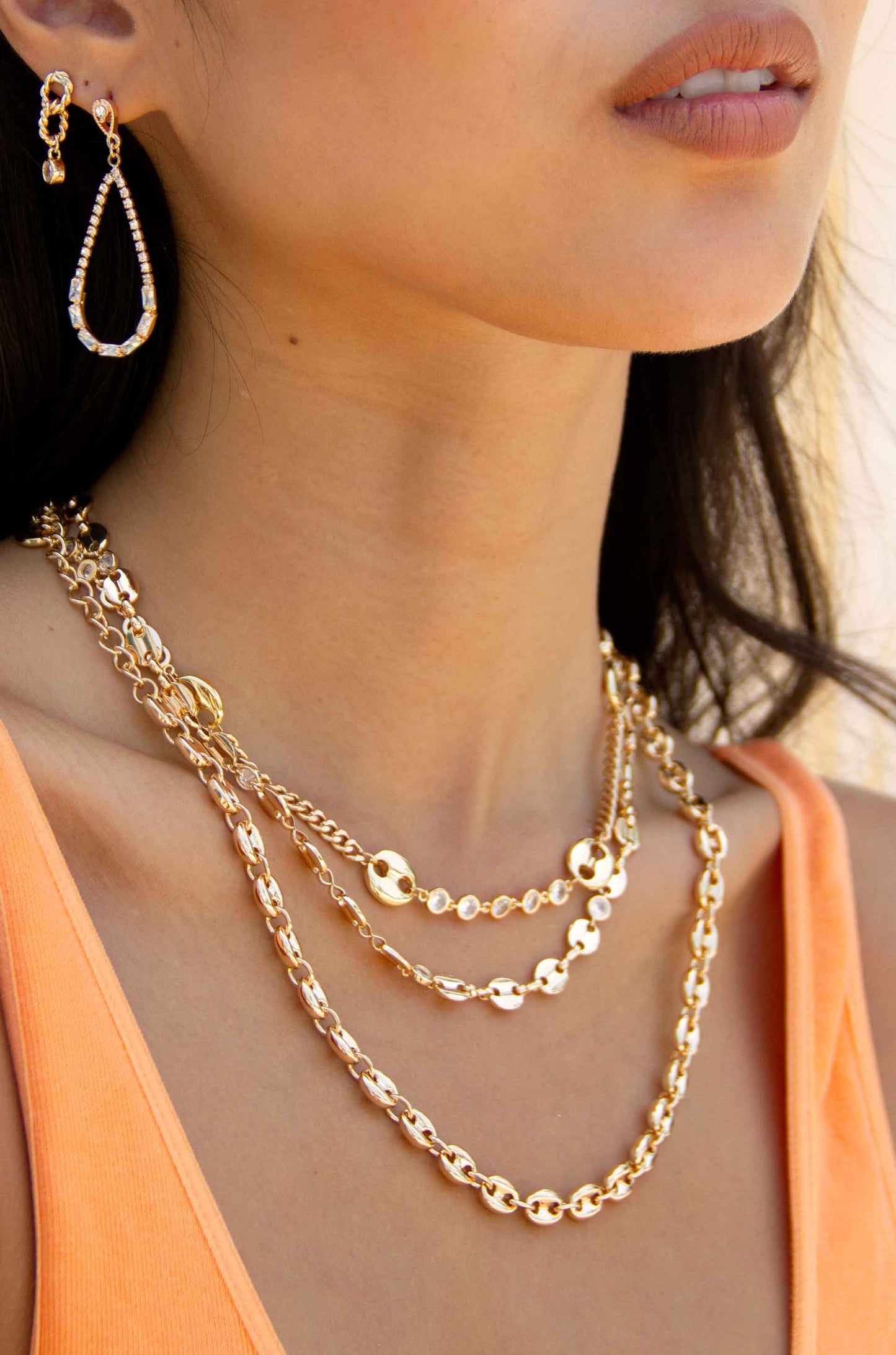 West Coast Sunset 18k Gold Plated Chain Necklace Set on a model