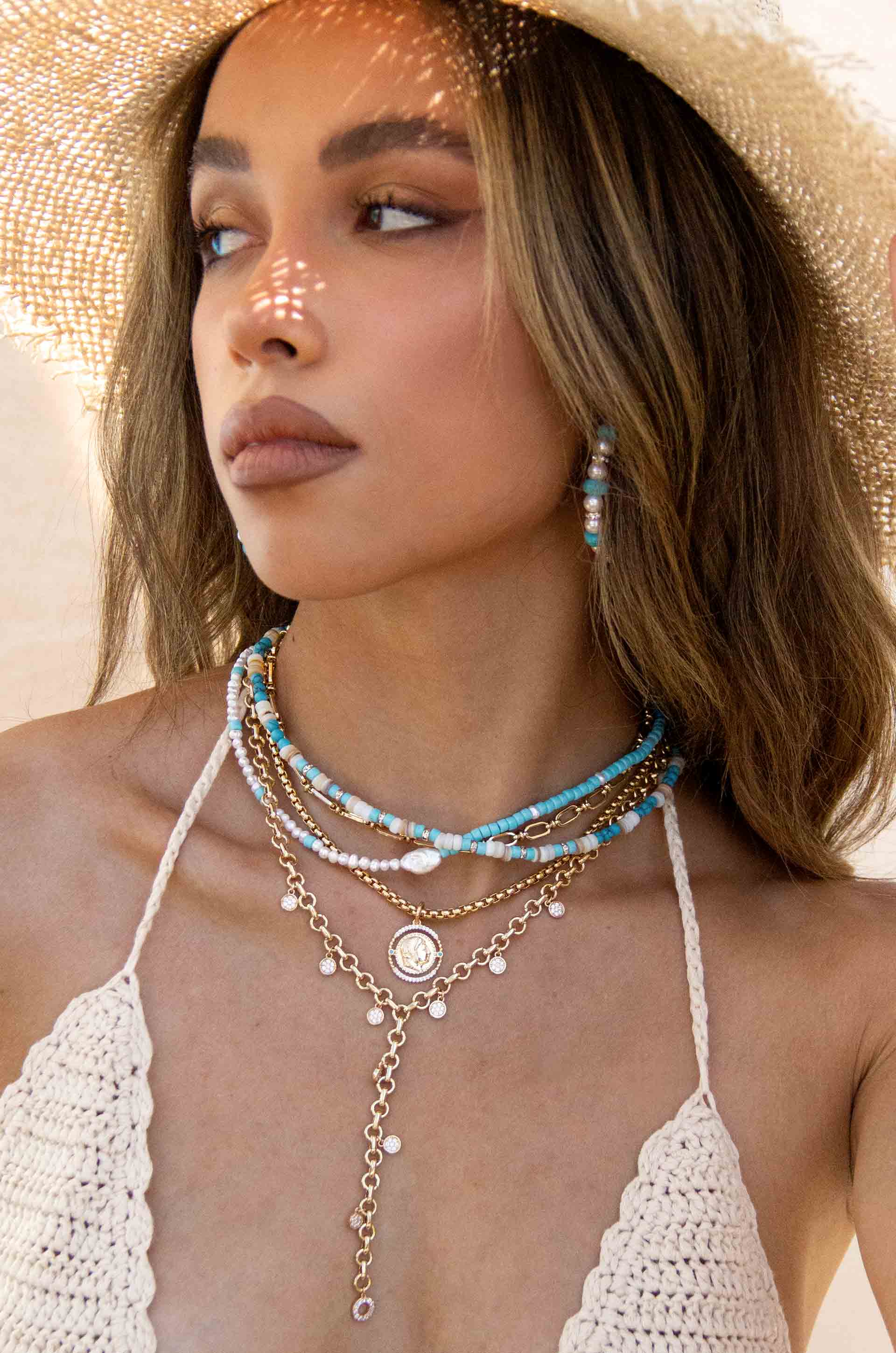 Easy Beach Day Turquoise and Pearl Strand 18k Gold Plated Necklace on a model