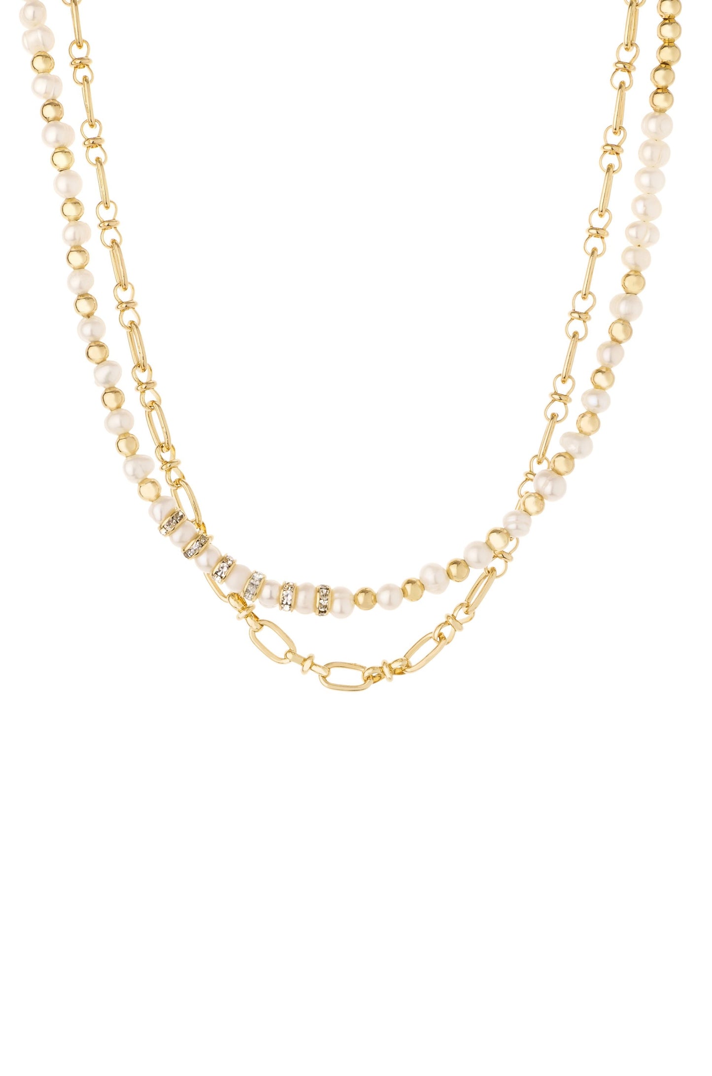 Pearl and Mini Links 18k Gold Plated Necklace Set on white background