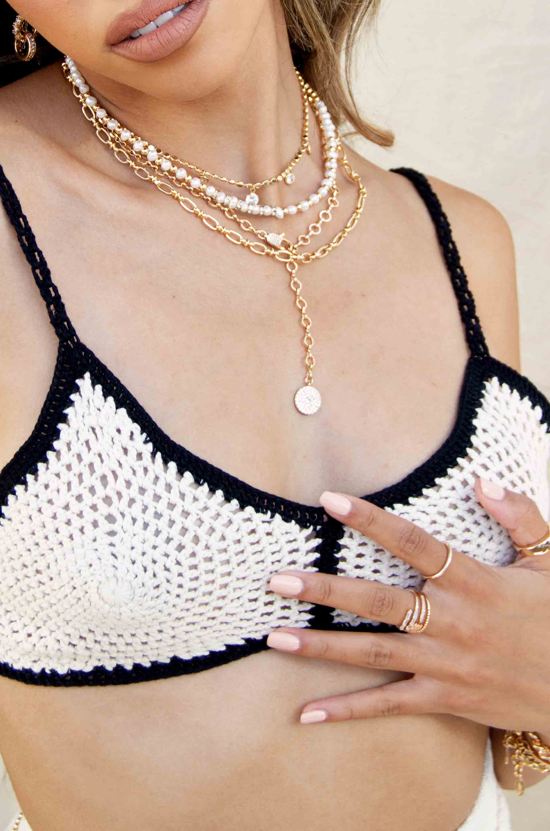 Pearl and Mini Links 18k Gold Plated Necklace Set on a model