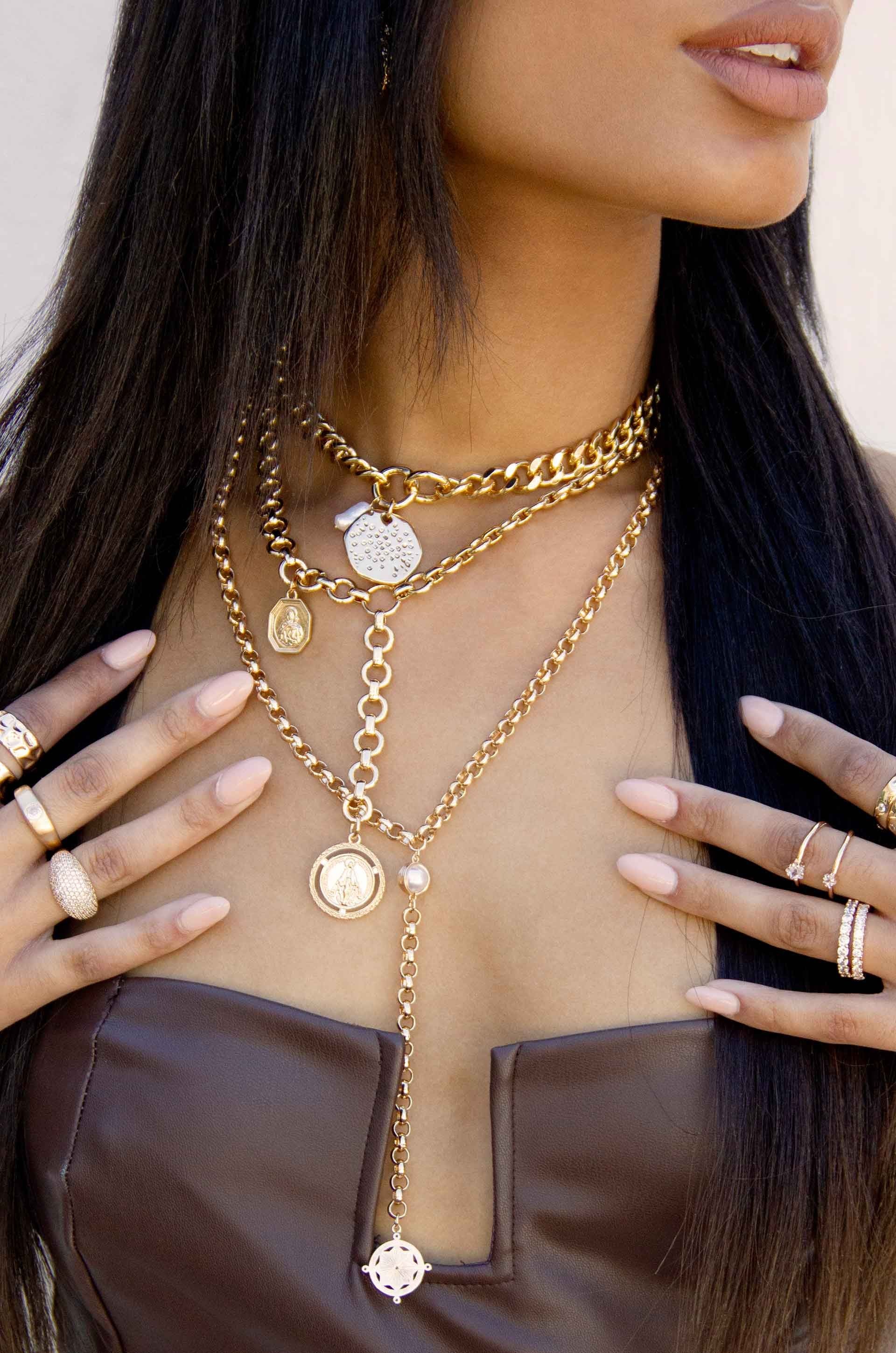 Lola Pearl and Medallion Chain Link 18k Gold Plated Necklace on a model