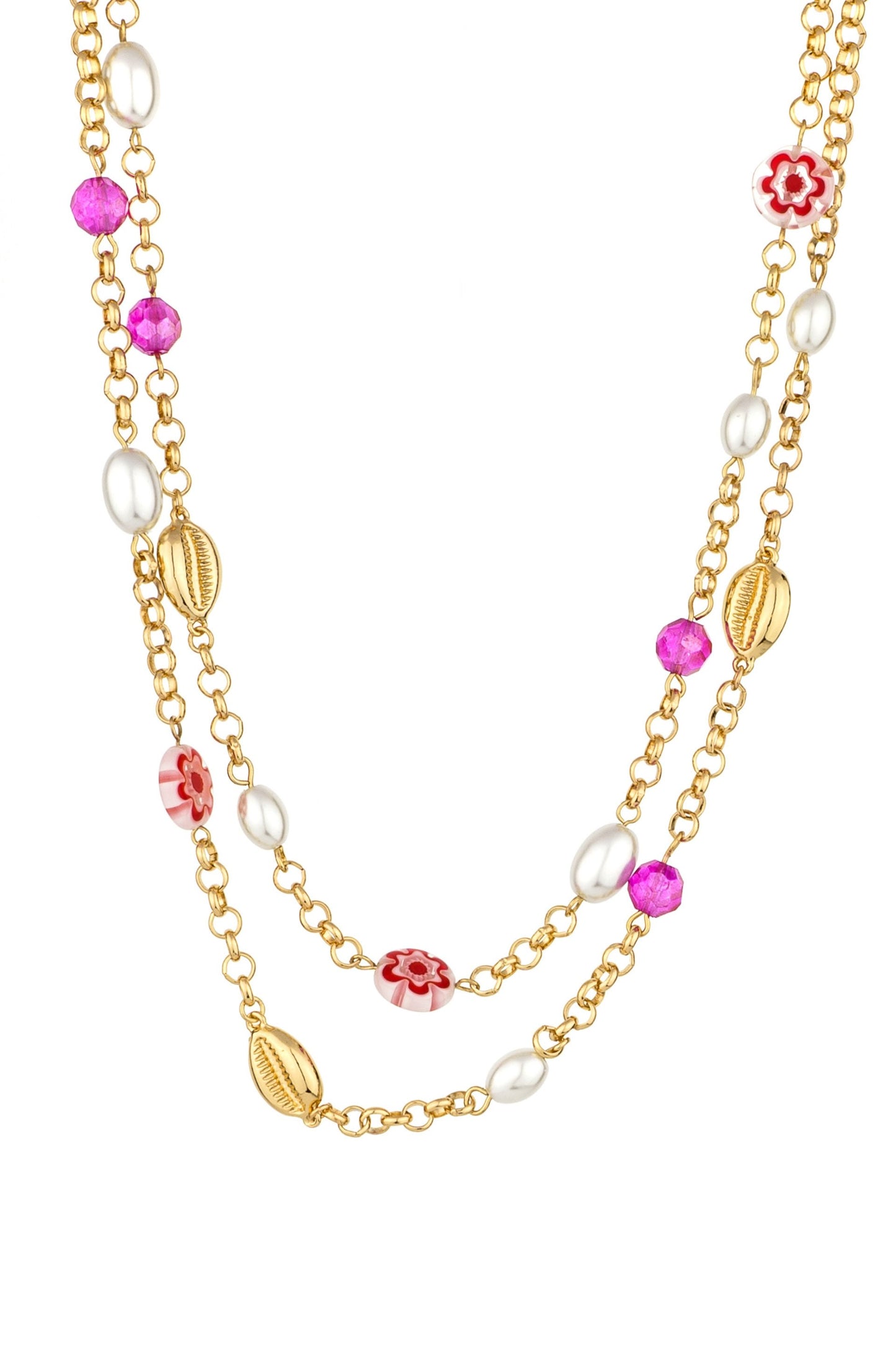 Pinky Party Pearl and Bead 18k Gold Plated Chain Layered Necklace on white