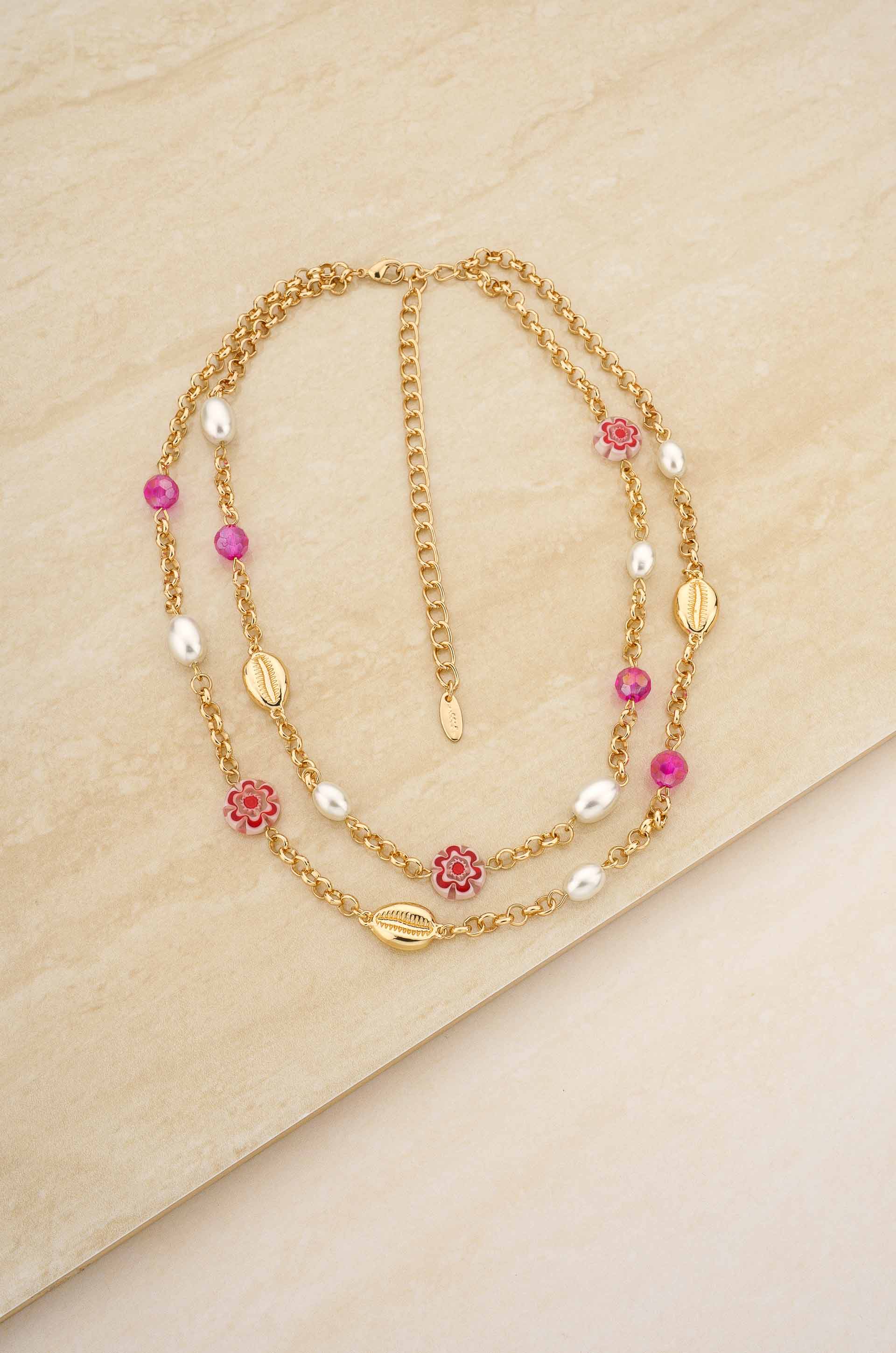 Pinky Party Pearl and Bead 18k Gold Plated Chain Layered Necklace on slate