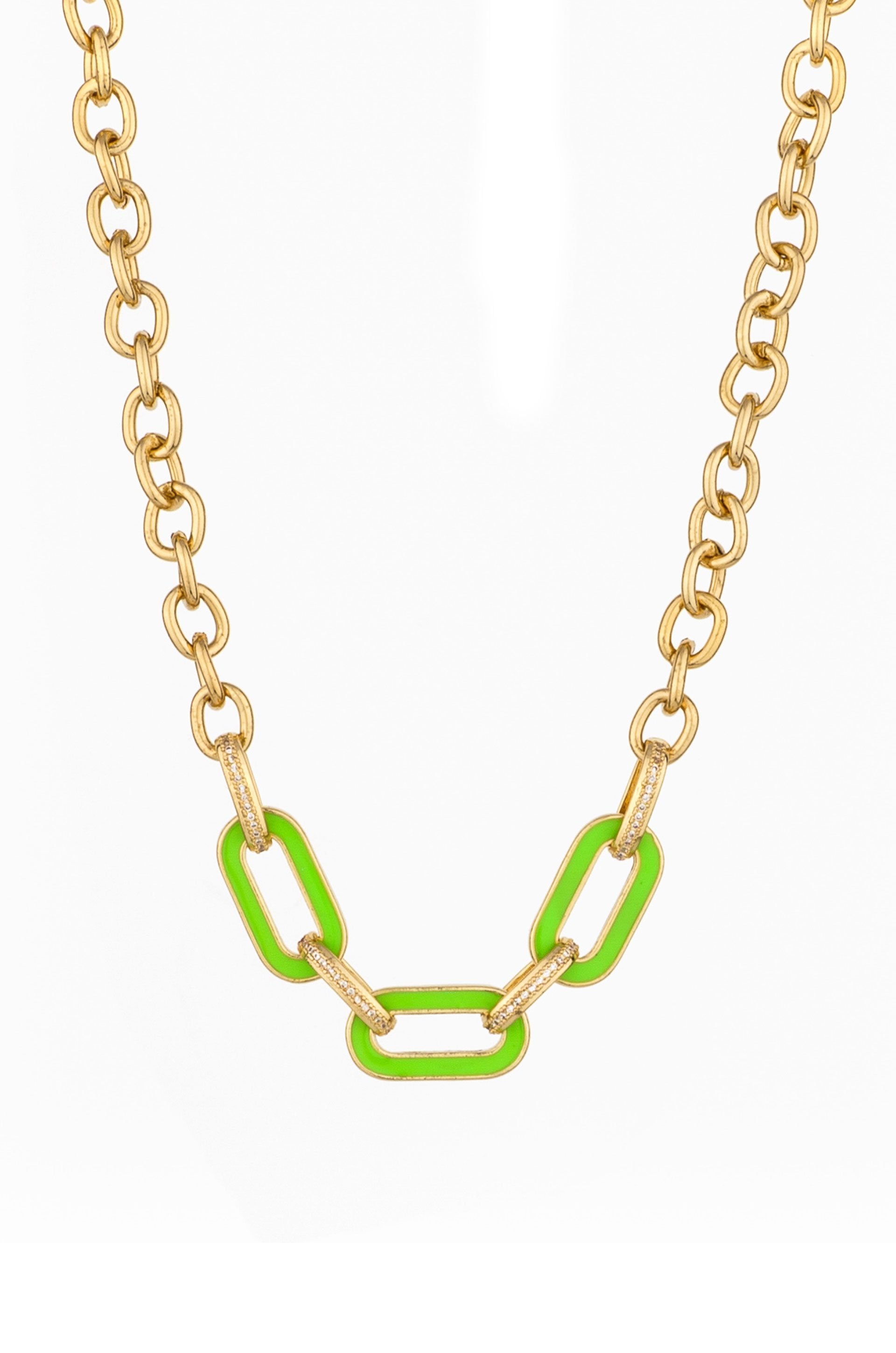 Neon Green Linked 18k Gold Plated Chain Necklace on white close up