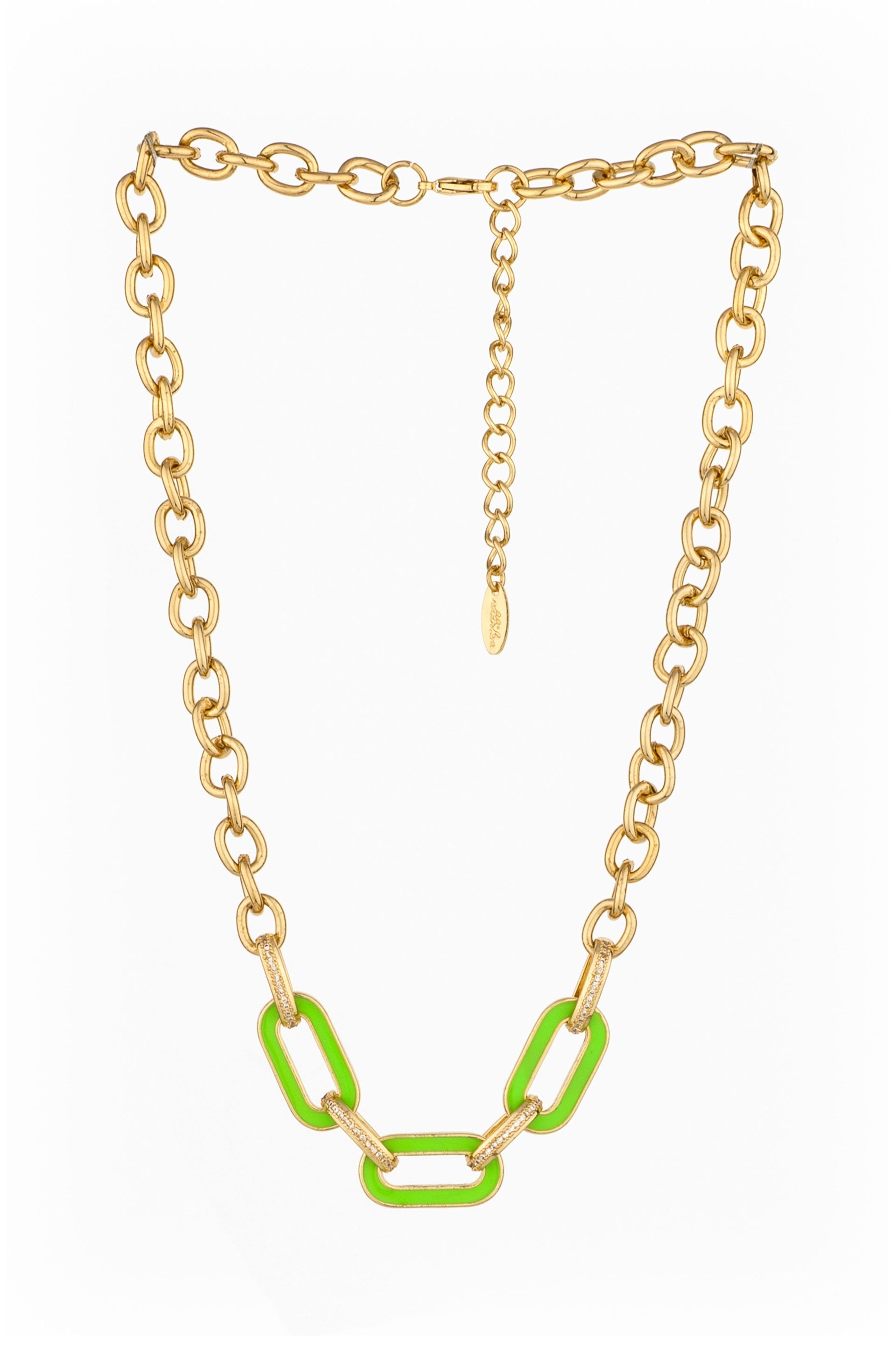 Neon Green Linked 18k Gold Plated Chain Necklace on white