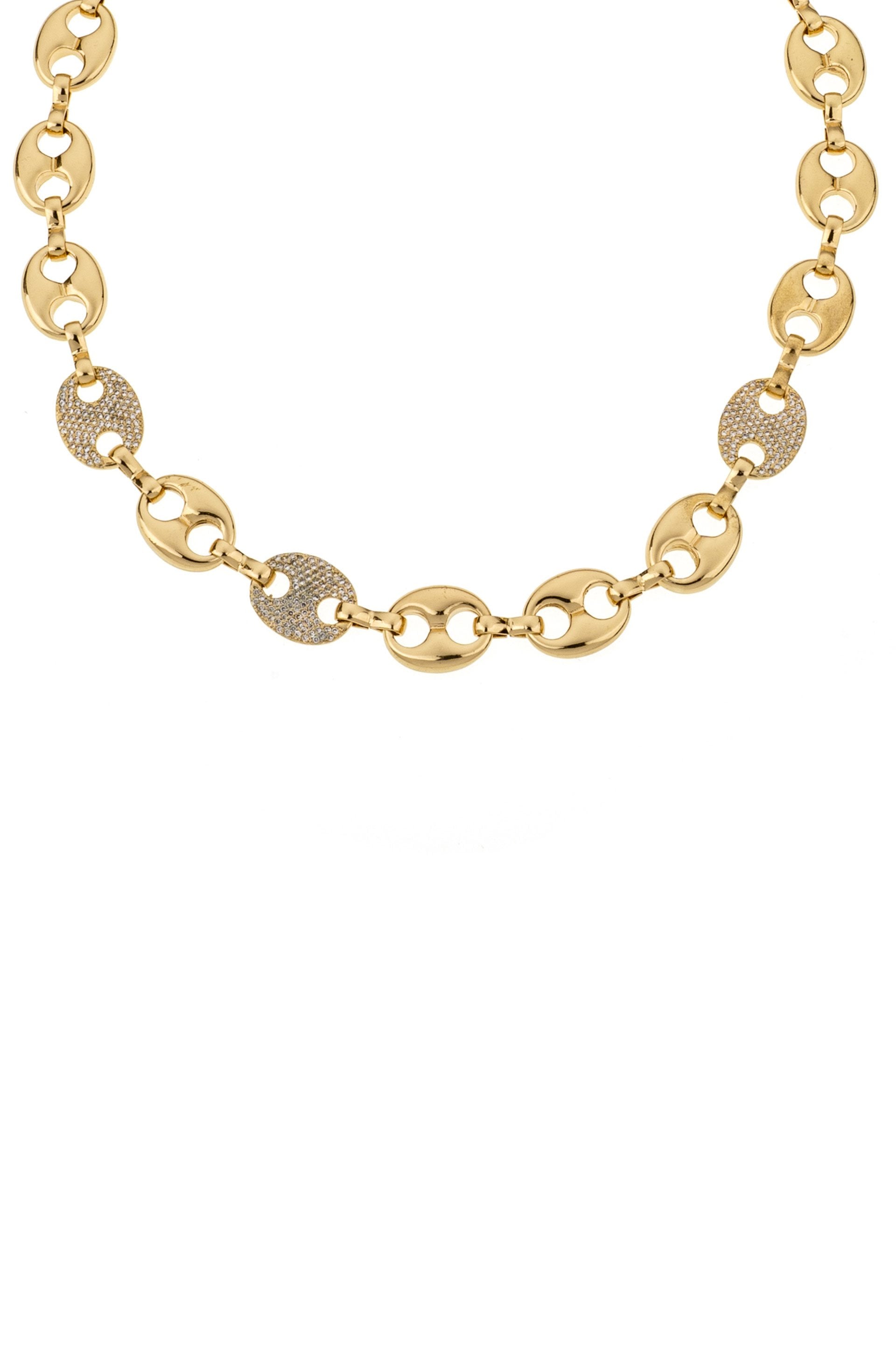 Modern Chains with Crystal Links Necklace in Gold on white close up