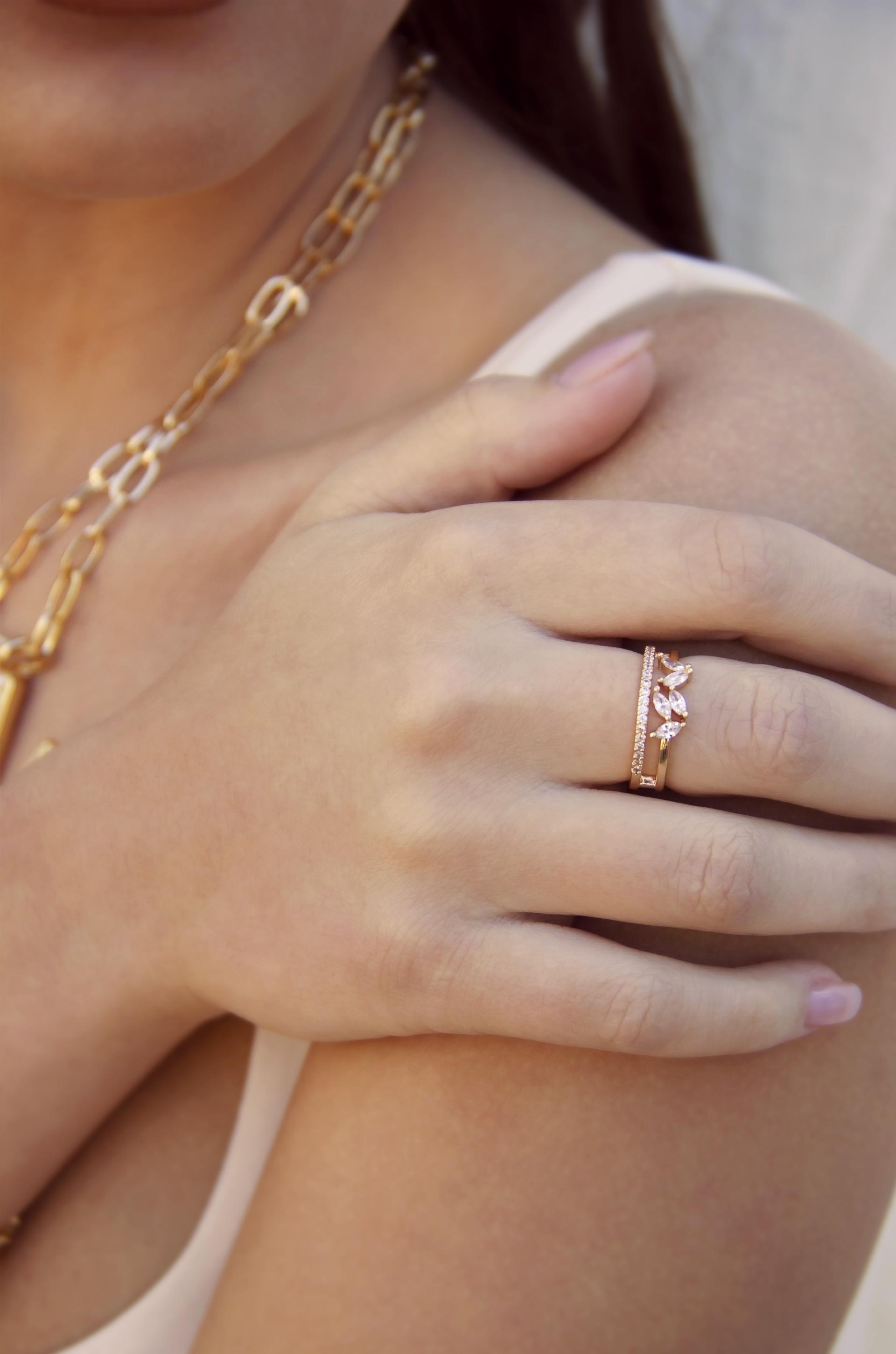 Crystal Double Illusion 18k Gold Plated Ring on model