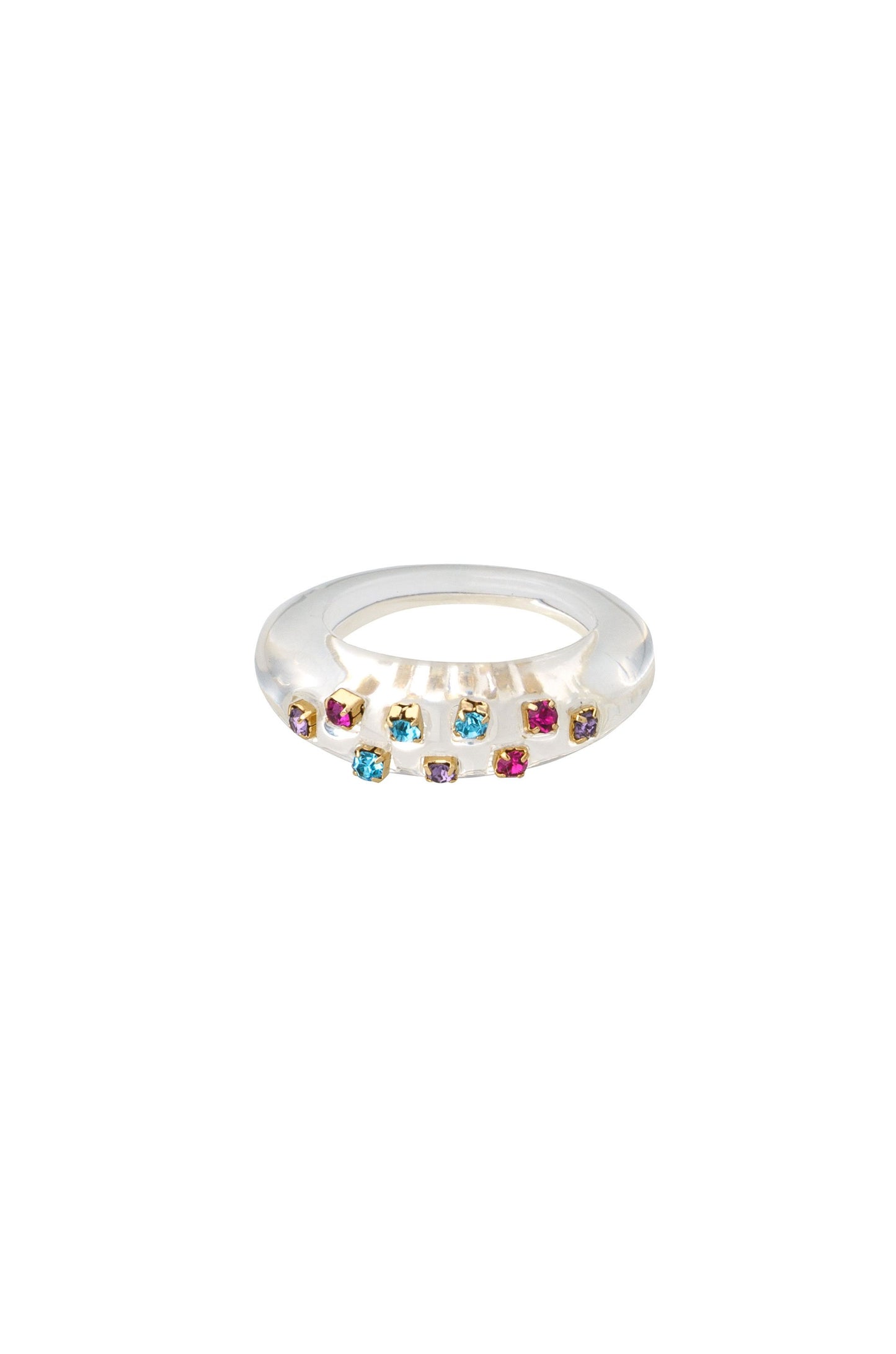 Crowd Pleaser 18k Gold Plated Clear Resin Ring with Multi Colored Rhinestones