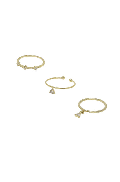 Geometric Dainty 18k Gold Plated Ring Set of 3 with Crystals on white background  