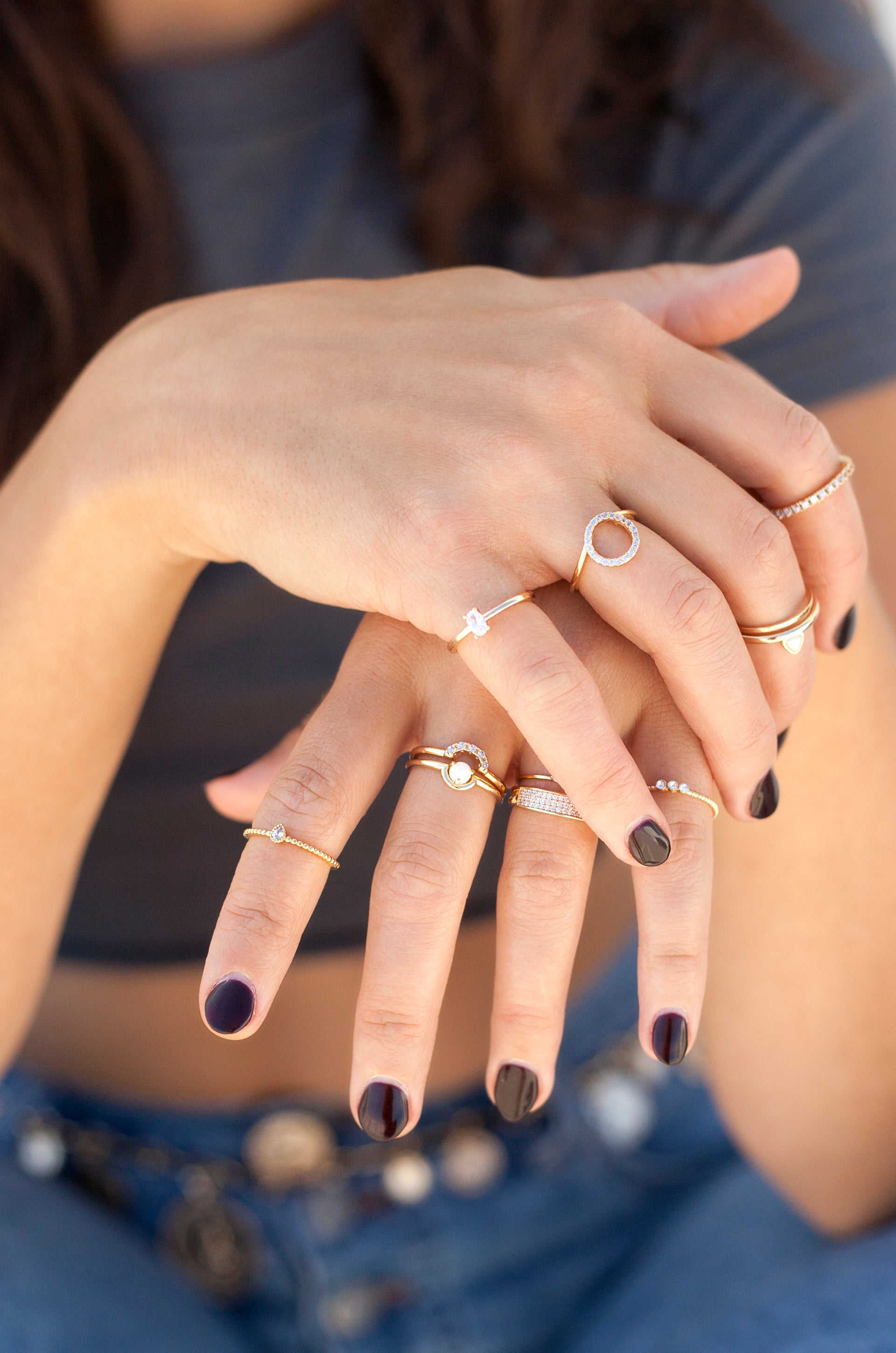 Perfect Fit Crystal 18k Gold Plated Stacking Ring Set shown on a model  