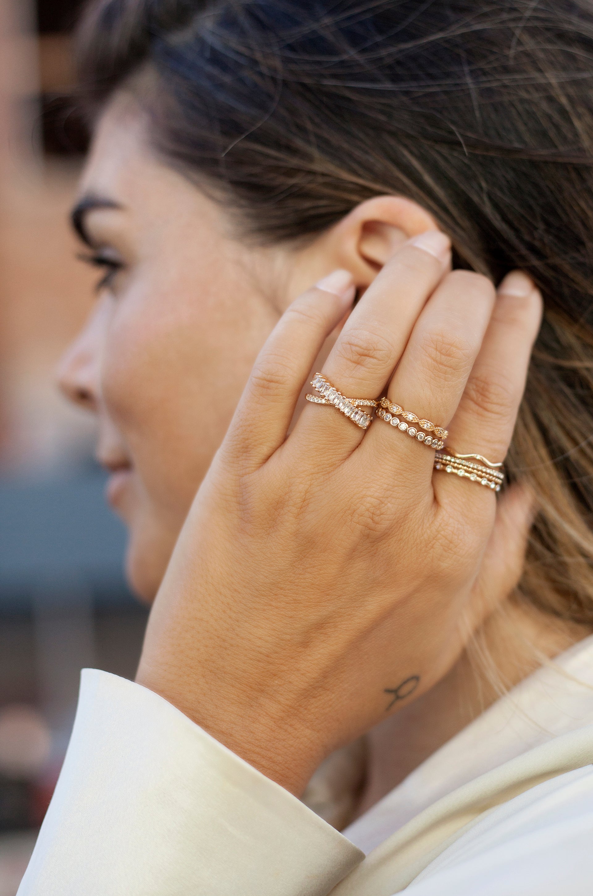 Crystal and 18k Gold Plated Pre-Stacked Ring shown on a model  