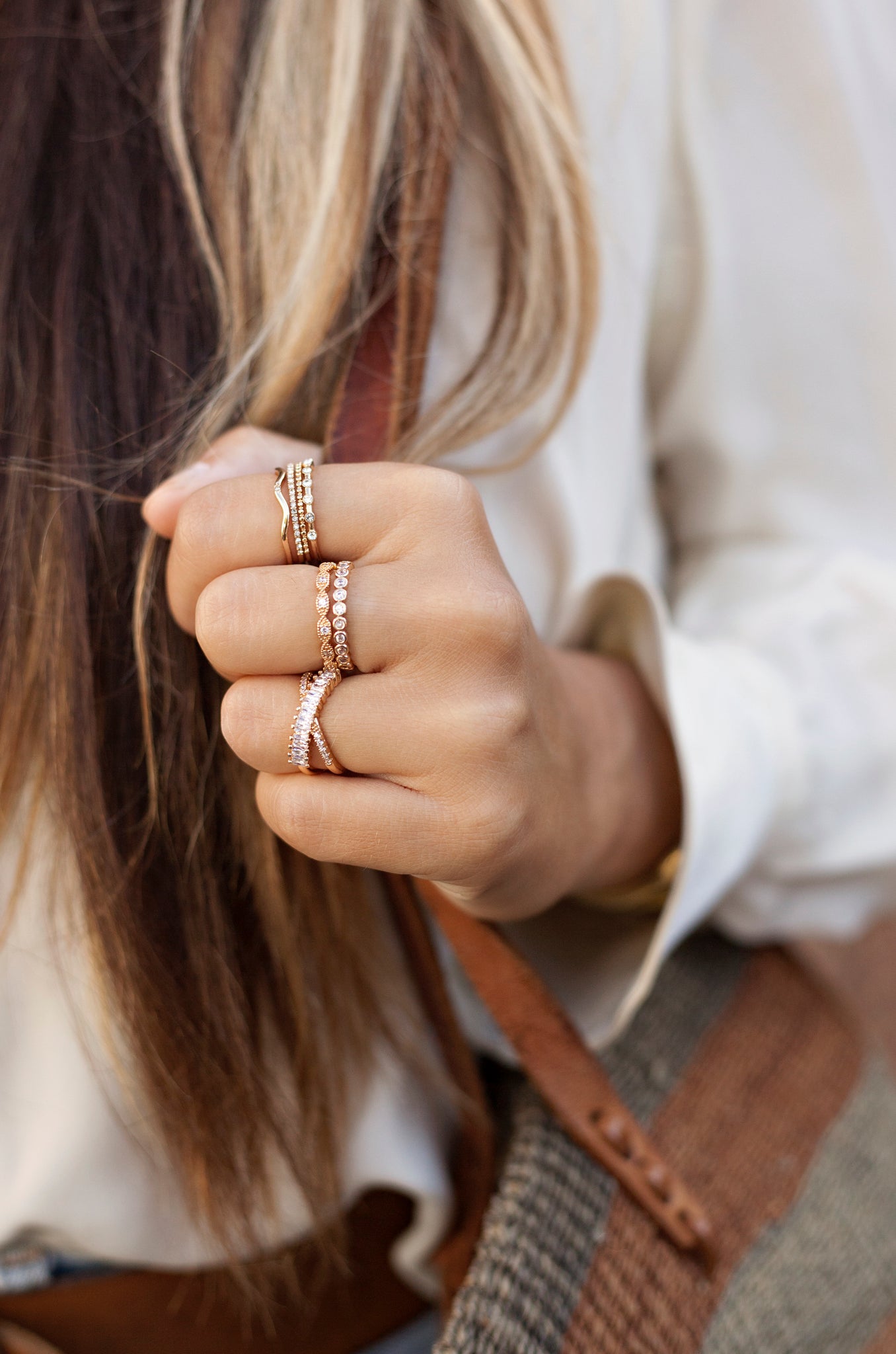 Multi-Stack Geo Crystal 18k Gold Plated Ring Set of 6 shown on a model  