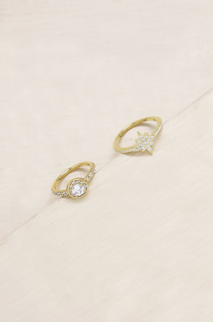 Star Studded Crystal 18k Gold Plated Ring Set on slate background