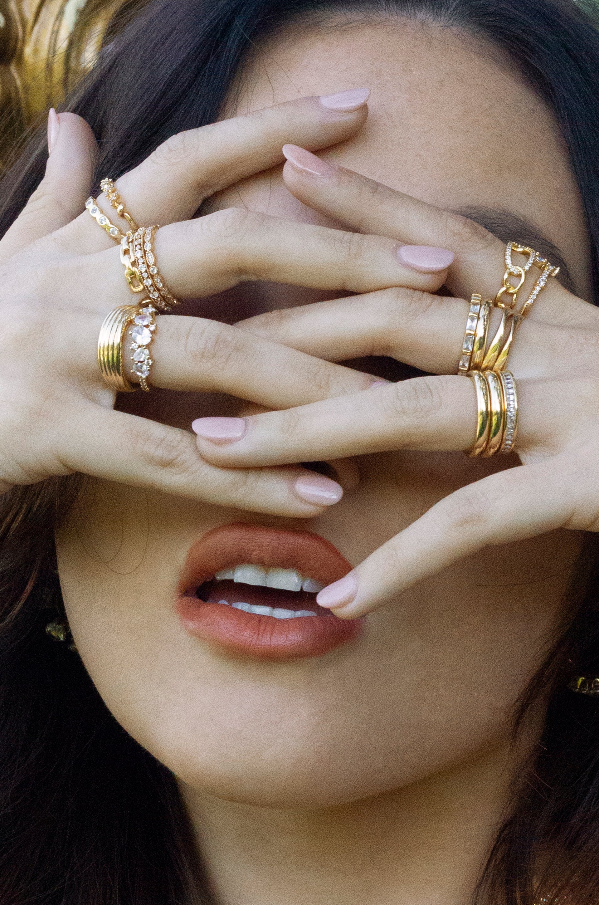 Thick Pave & Textured 18k Gold Plated Ring Band Set shown on a model  