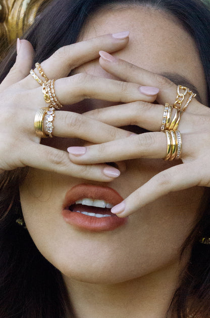 Thick Pave & Textured 18k Gold Plated Ring Band Set shown on a model  