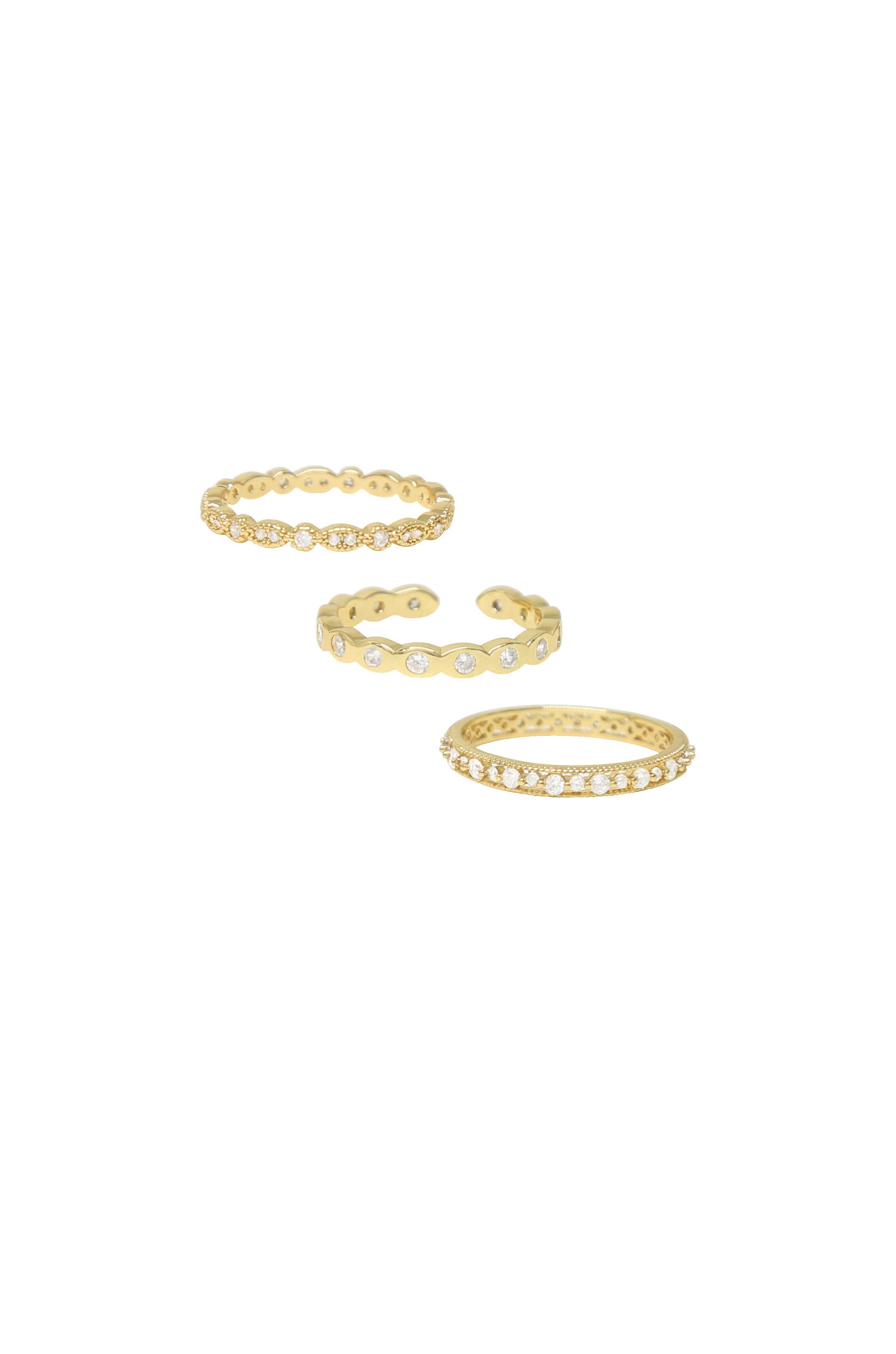 Triple Crystal 18k Gold Plated Ring Set on white background  