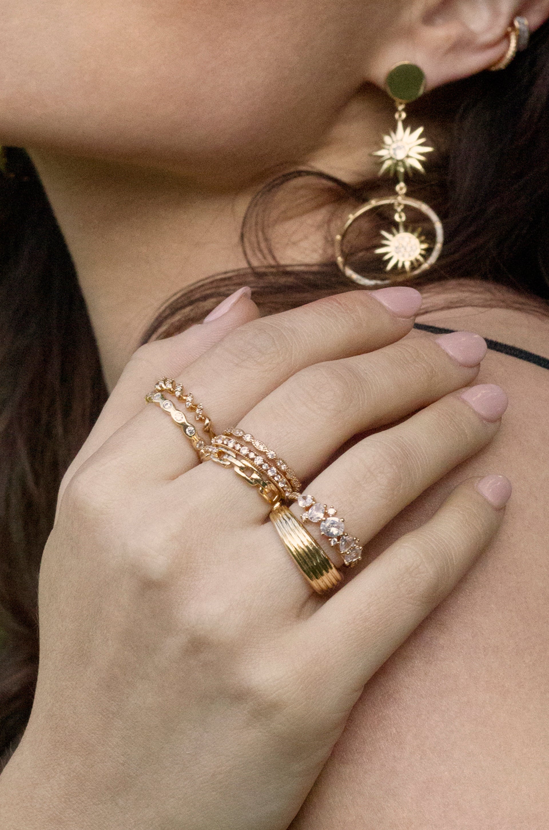 Triple Crystal 18k Gold Plated Ring Set shown on a model  