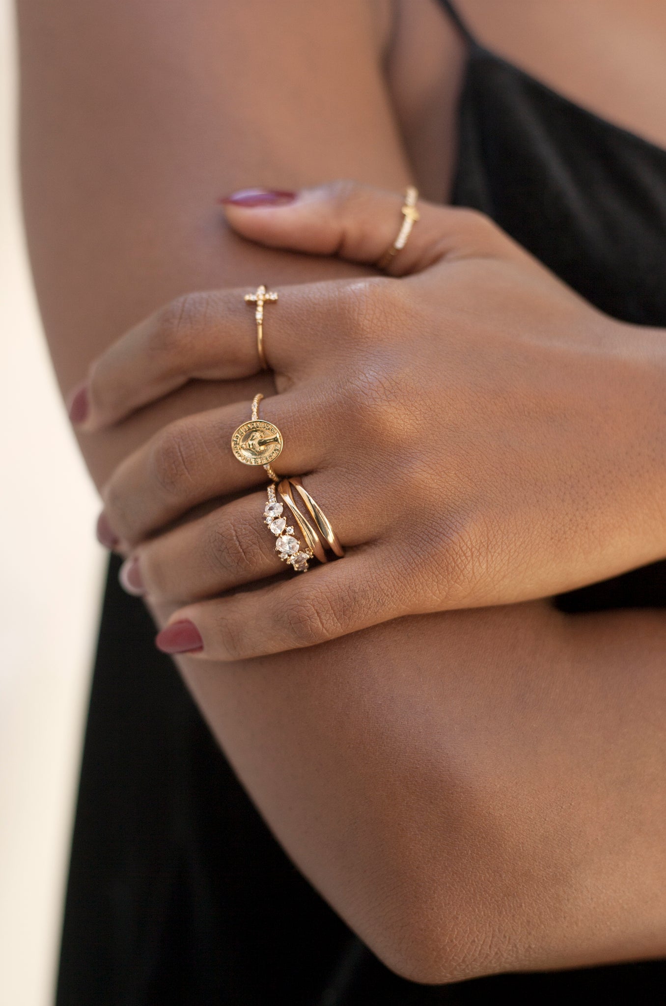 Statement Crystal Cluster 18k Gold Plated Ring shown on a model  