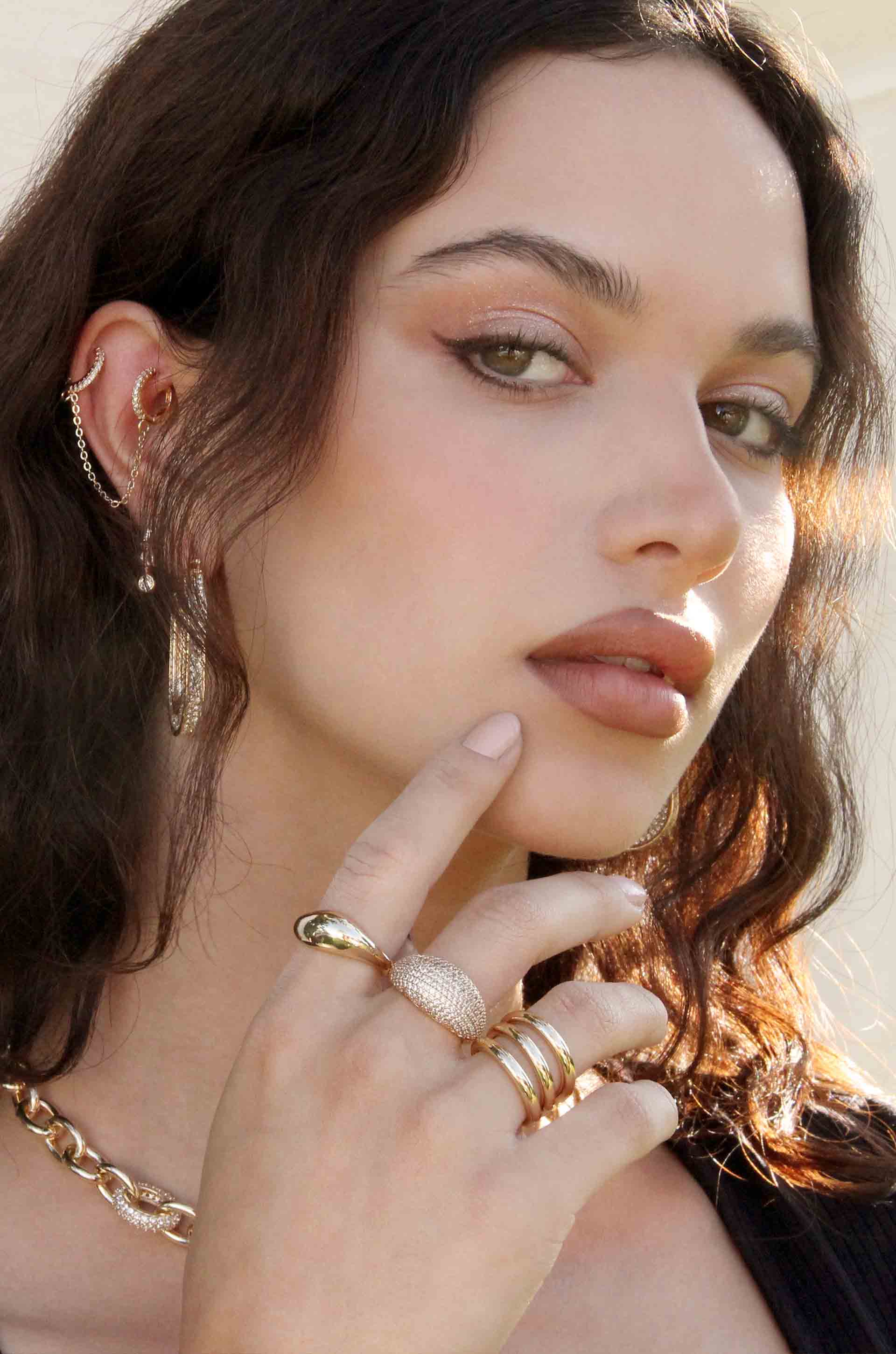 Back to Basics 18k Gold Plated Ring Set of 3 shown on a model  
