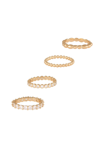 Mini Crystal Essentials 18k Gold Plated Ring Stack on white background  