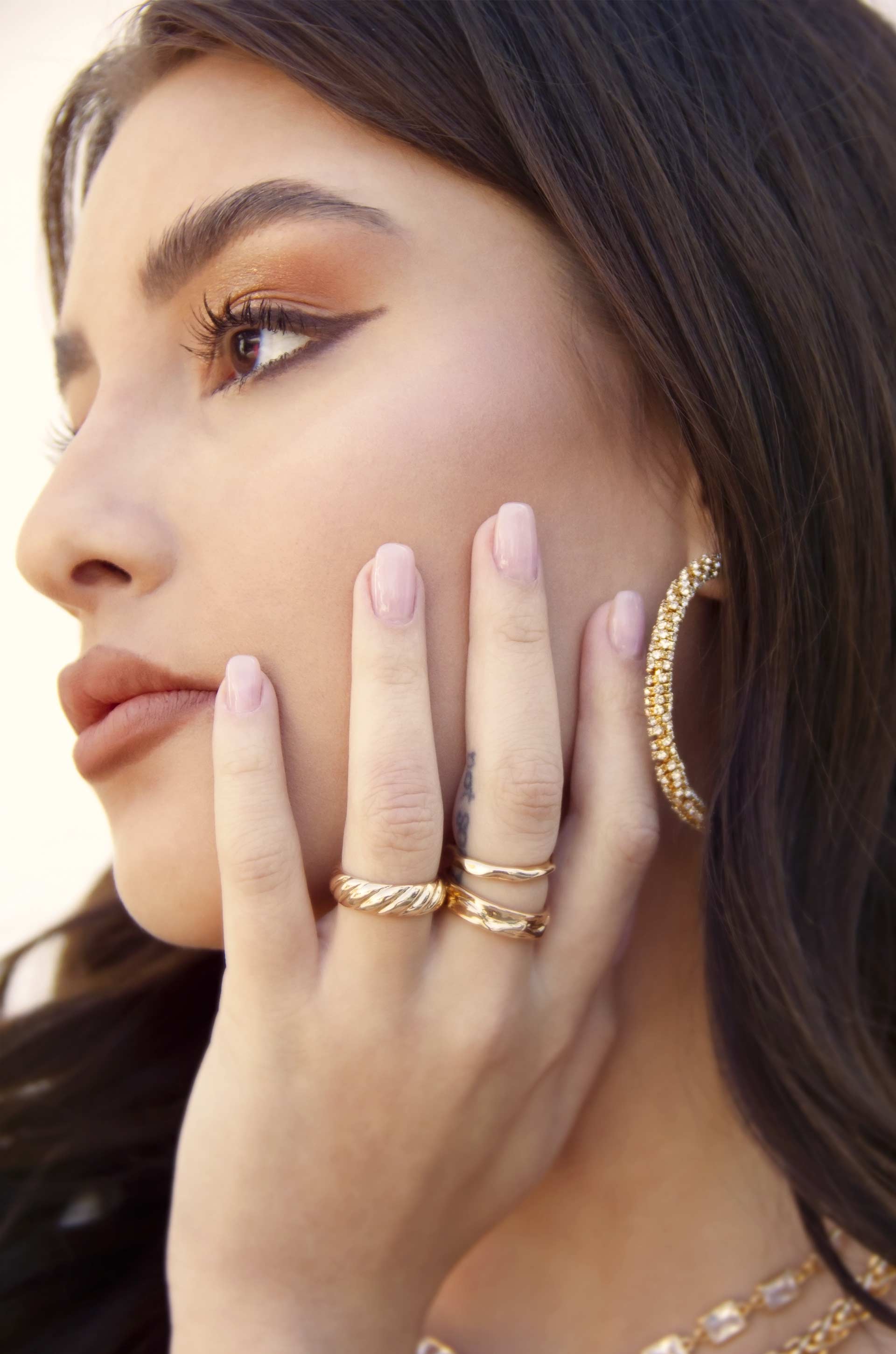 Hand Worked 18k Gold Plated Ring Set of 3 on model