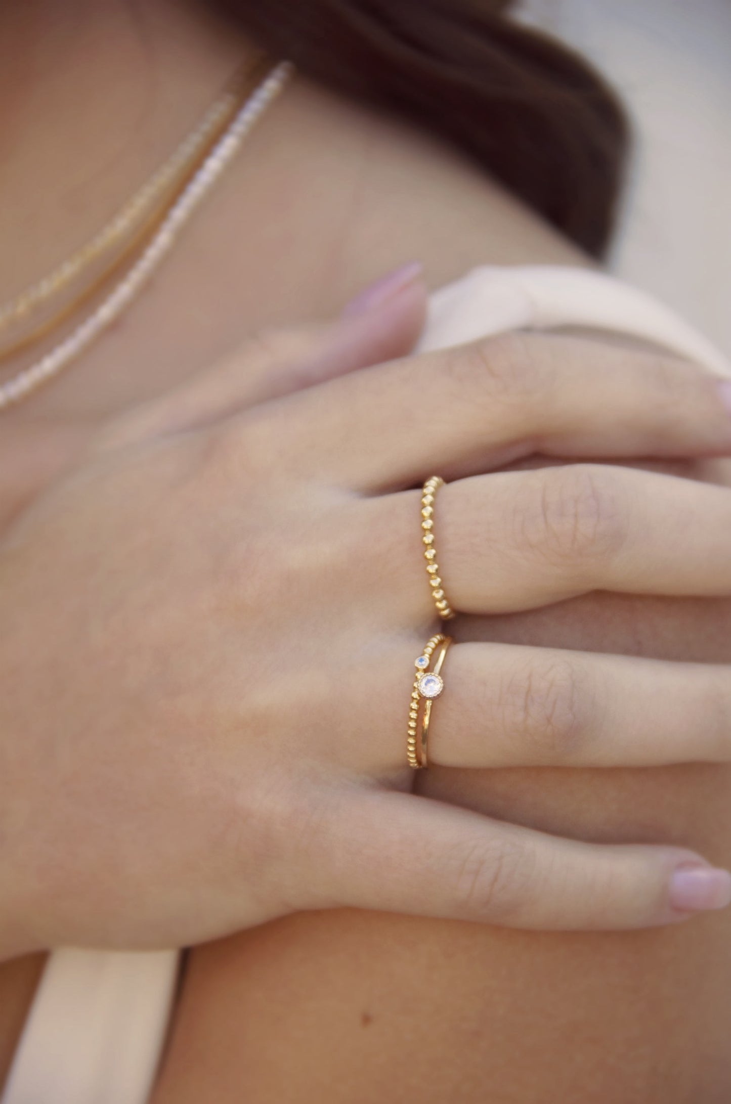 Understated 18k Gold Plated Stacking Ring Set of 3 on model