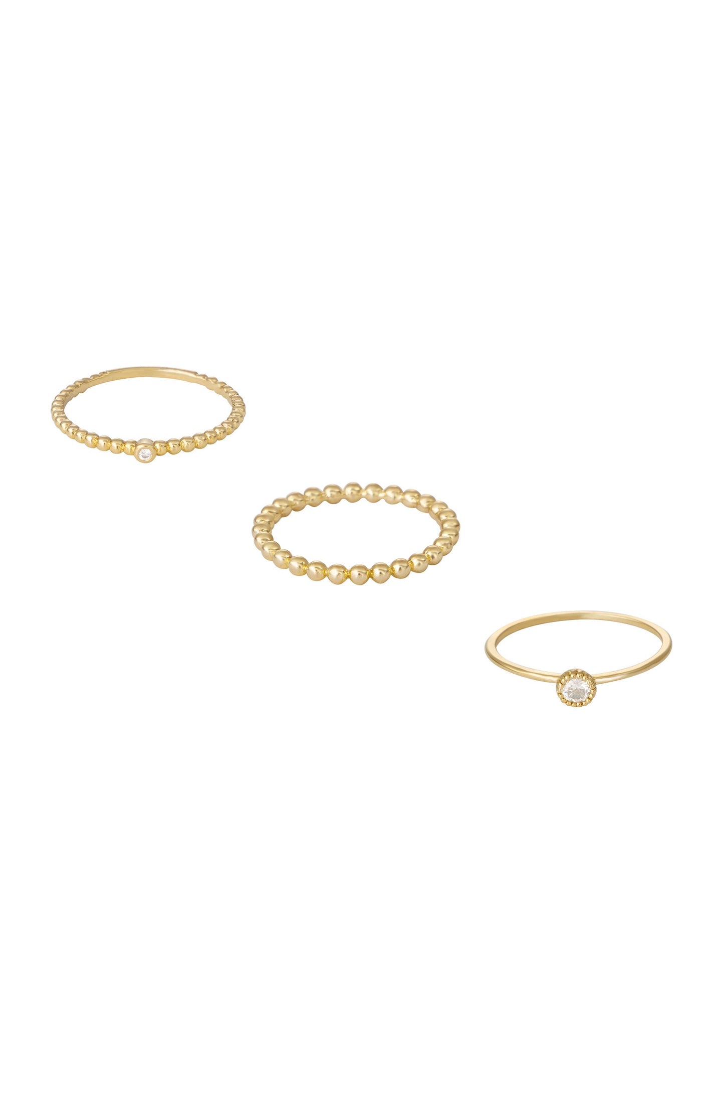 Understated 18k Gold Plated Stacking Ring Set of 3 on white background  
