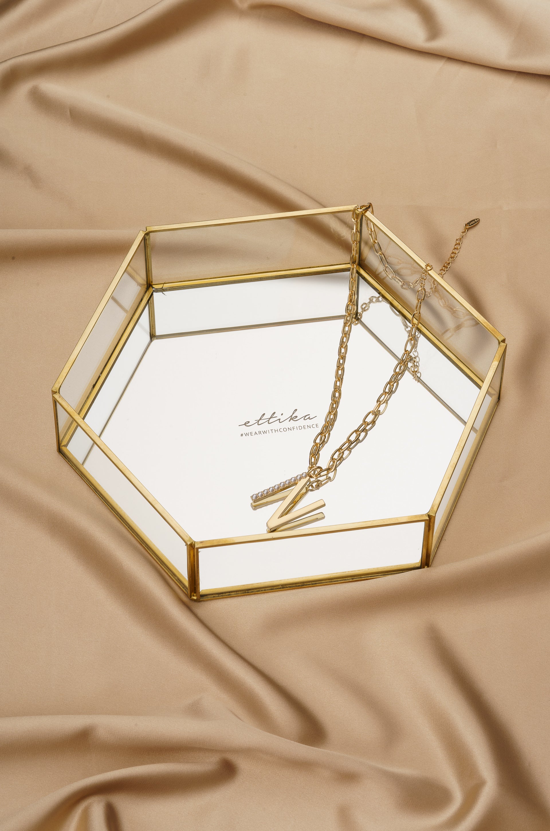 Large Mirror Bottom Jewelry and Display Tray on slate background  