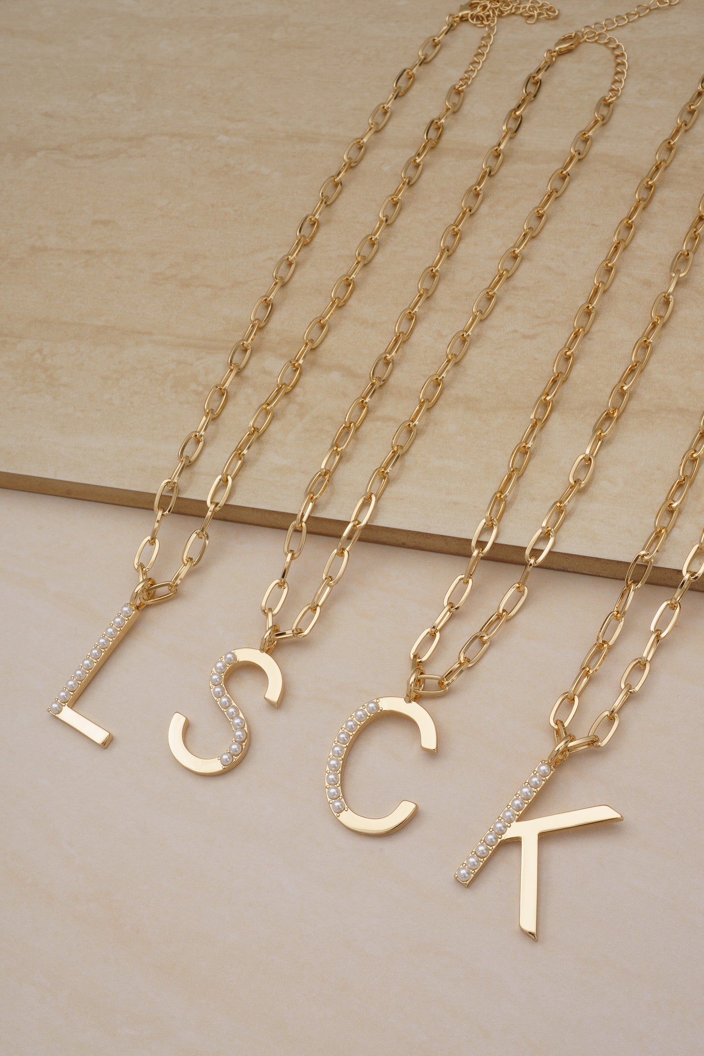 Group Photo of Pearl Initial 18k Gold Plated Necklaces
